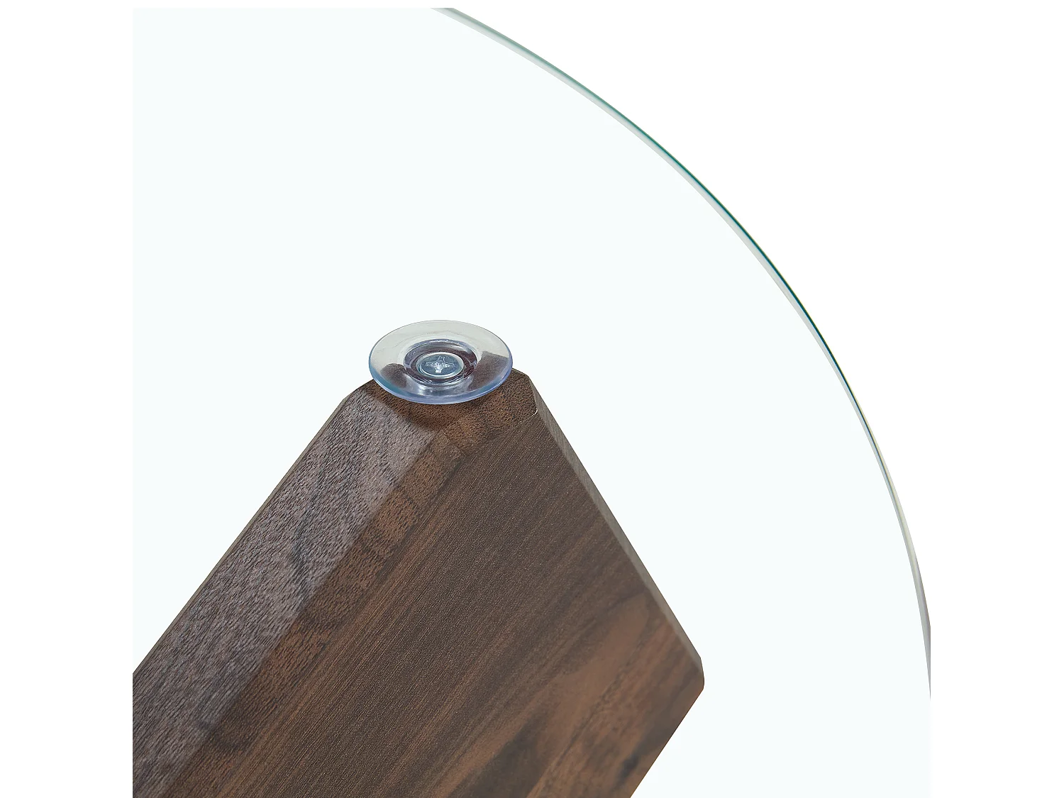 Table basse ronde en verre trempé, structure bois croisée foncée, design géométrique, 79 cm