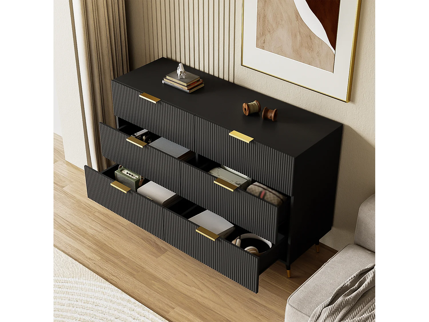 Commode design noir 6 tiroirs, meuble de rangement moderne pour salon et entrée