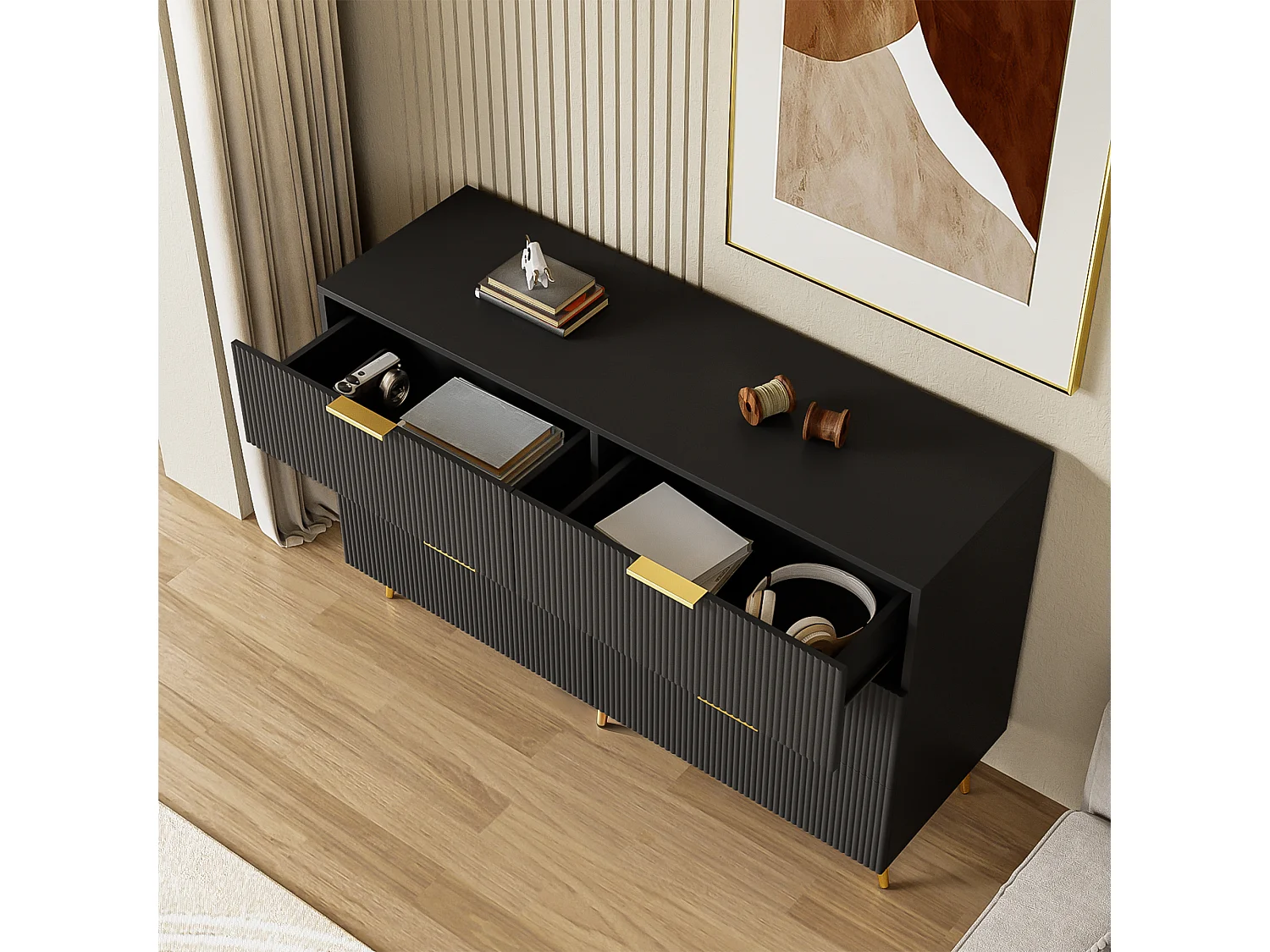 Commode design noir 6 tiroirs, meuble de rangement moderne pour salon et entrée