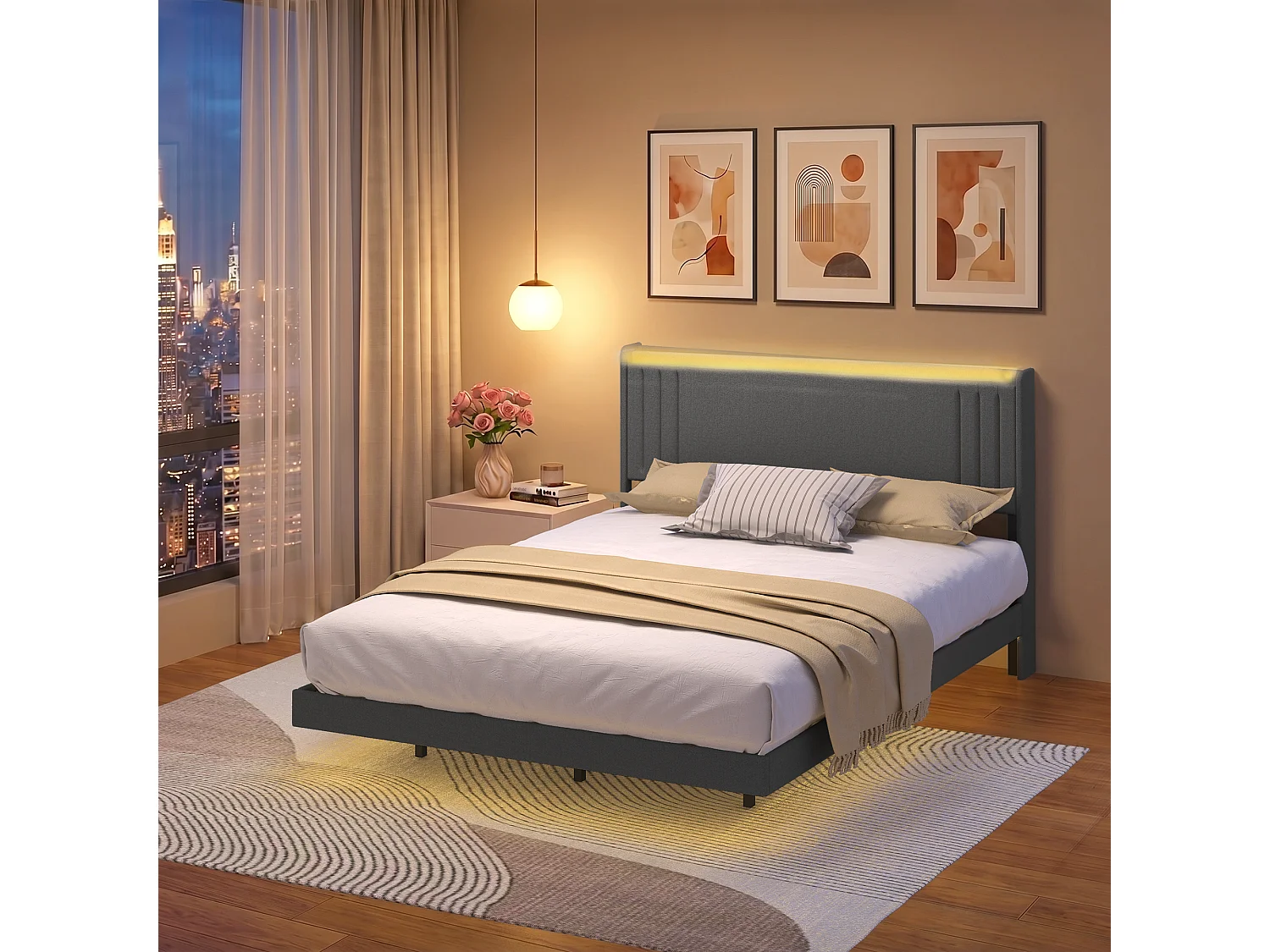 Lit Rembourré Design Flottant Bealife avec Station de Charge Intelligente et Bande LED RGB, Pieds Cachés, Sommier, 160×200 cm, Gris Foncé