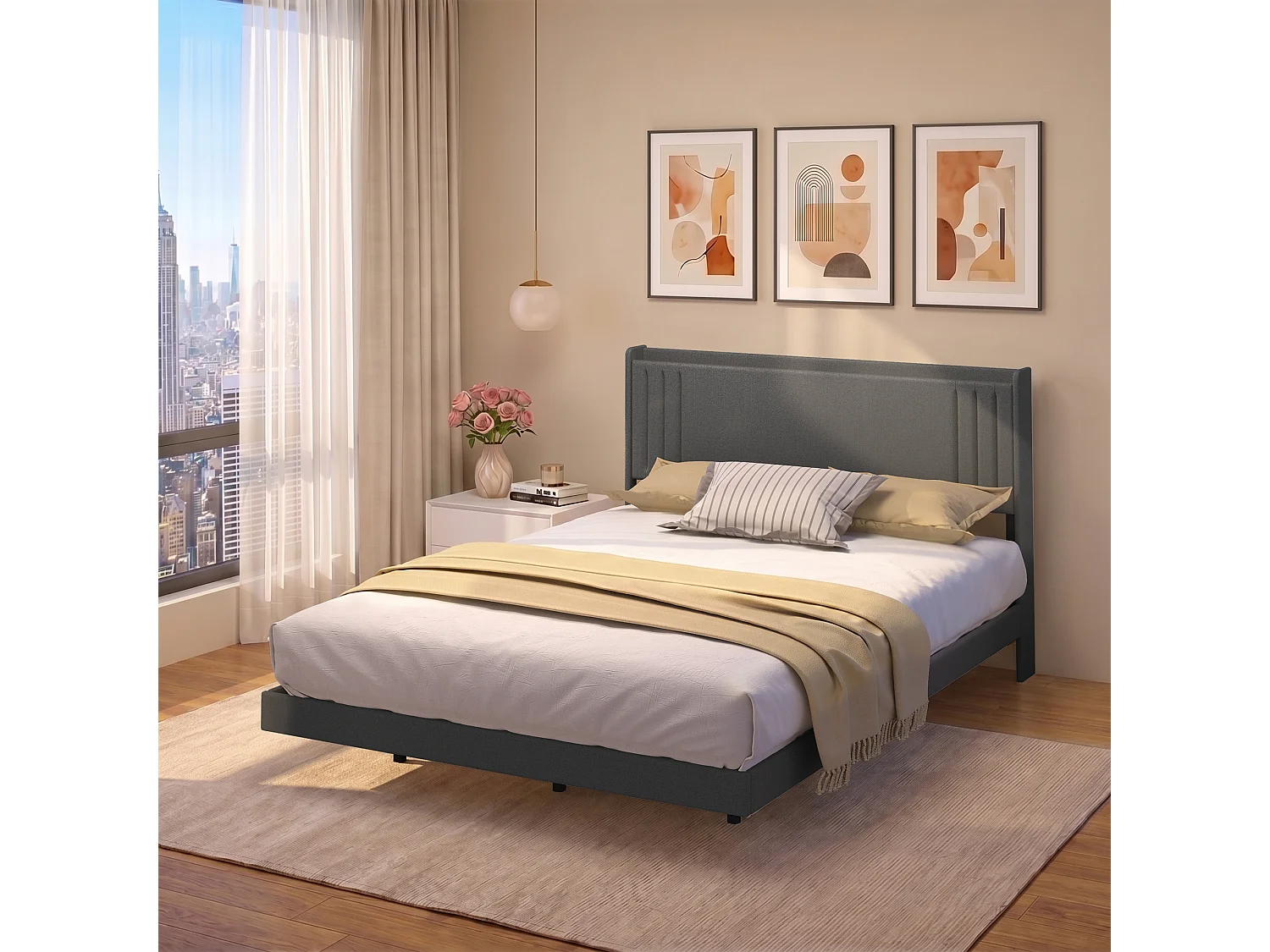 Lit Rembourré Design Flottant Bealife avec Station de Charge Intelligente et Bande LED RGB, Pieds Cachés, Sommier, 160×200 cm, Gris Foncé