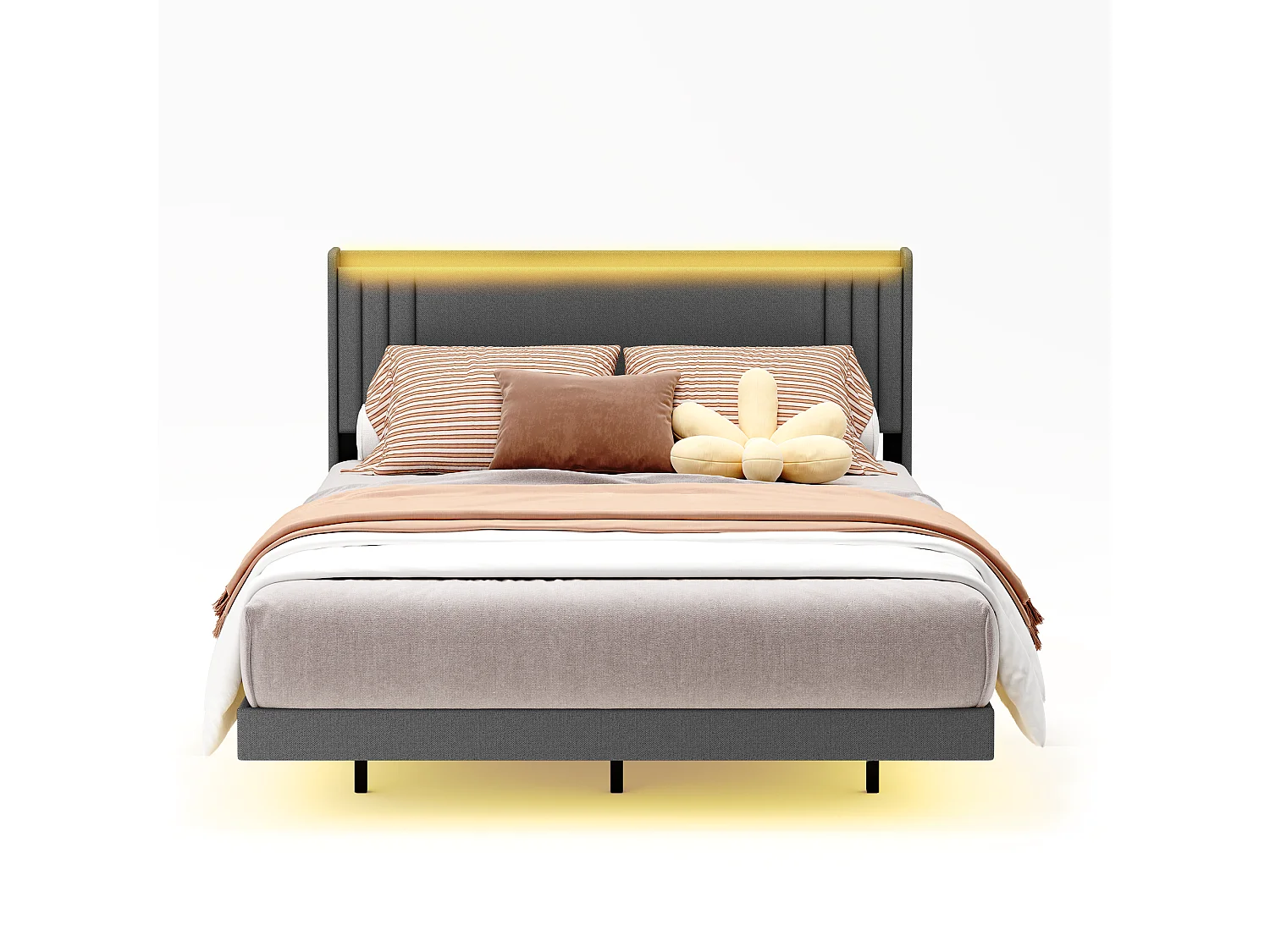 Lit Rembourré Design Flottant Bealife avec Station de Charge Intelligente et Bande LED RGB, Pieds Cachés, Sommier, 160×200 cm, Gris Foncé