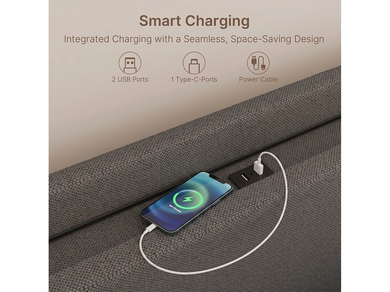 Lit Rembourré Design Flottant Bealife avec Station de Charge Intelligente et Bande LED RGB, Pieds Cachés, Sommier, 160×200 cm, Gris Foncé