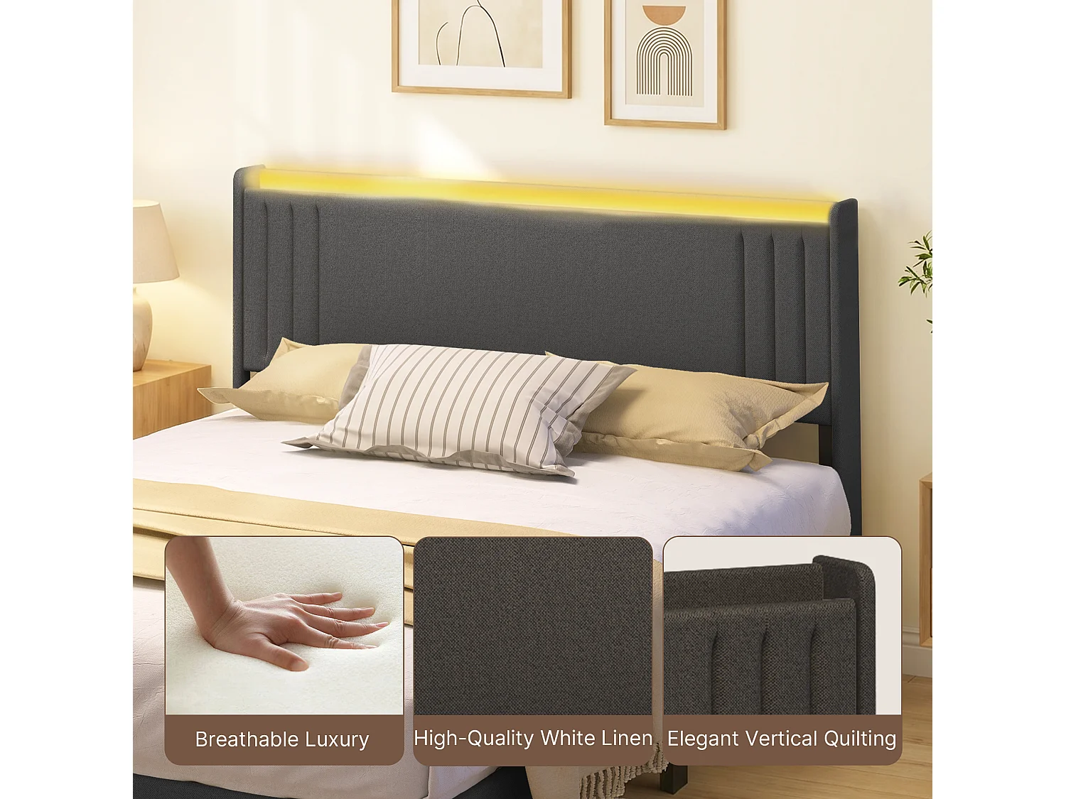 Lit Rembourré Design Flottant Bealife avec Station de Charge Intelligente et Bande LED RGB, Pieds Cachés, Sommier, 160×200 cm, Gris Foncé