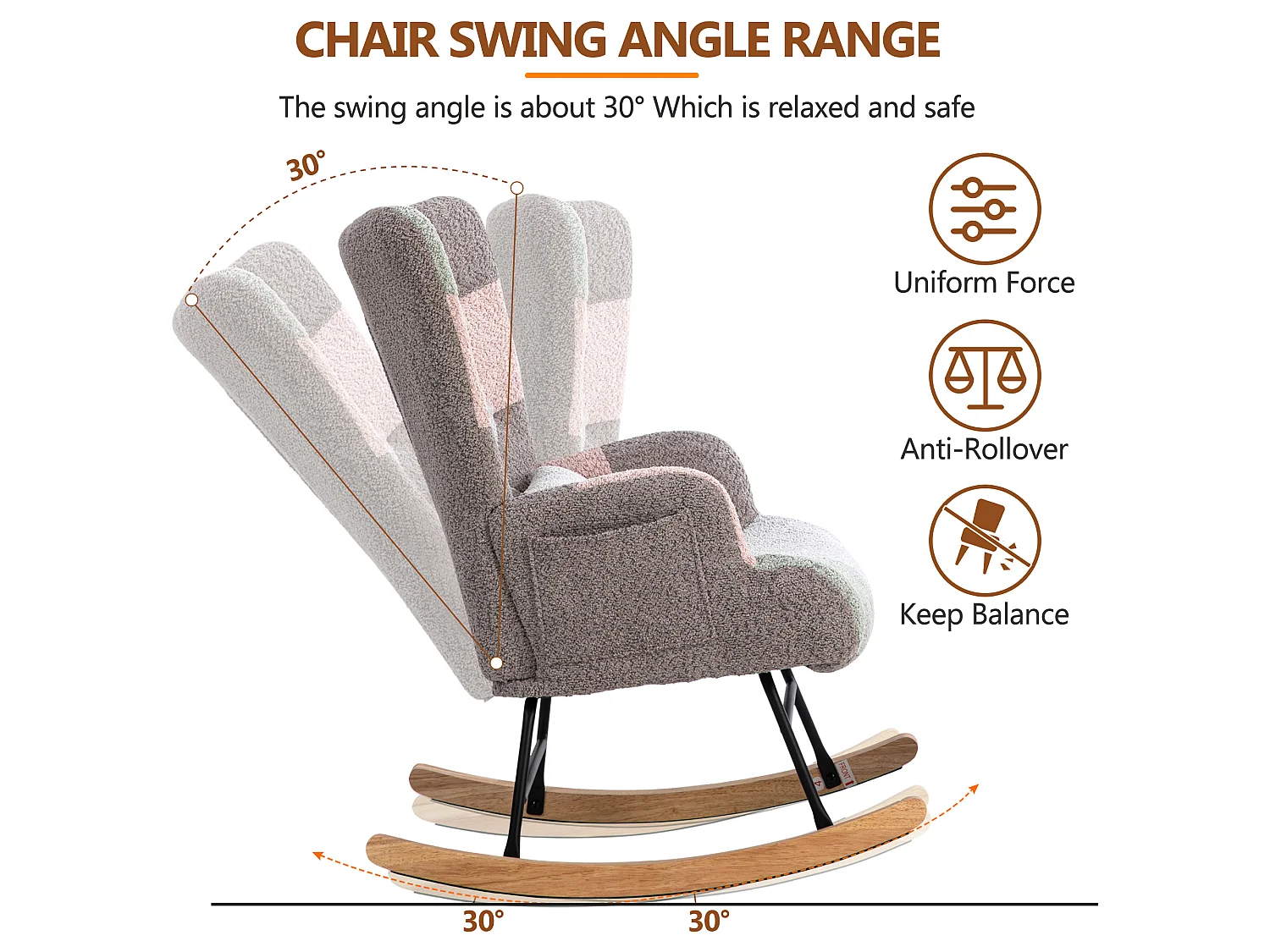Fauteuil à bascule en peluche, patchwork multicolore, repose-pieds inclus, coussin lombaire, scandinave