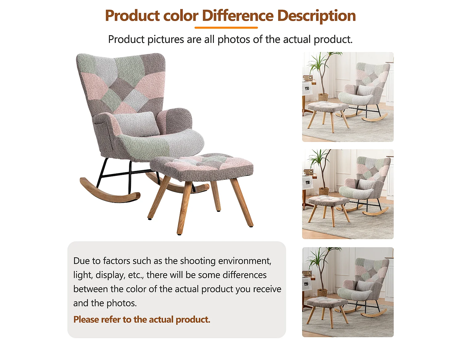 Fauteuil à bascule en peluche, patchwork multicolore, repose-pieds inclus, coussin lombaire, scandinave