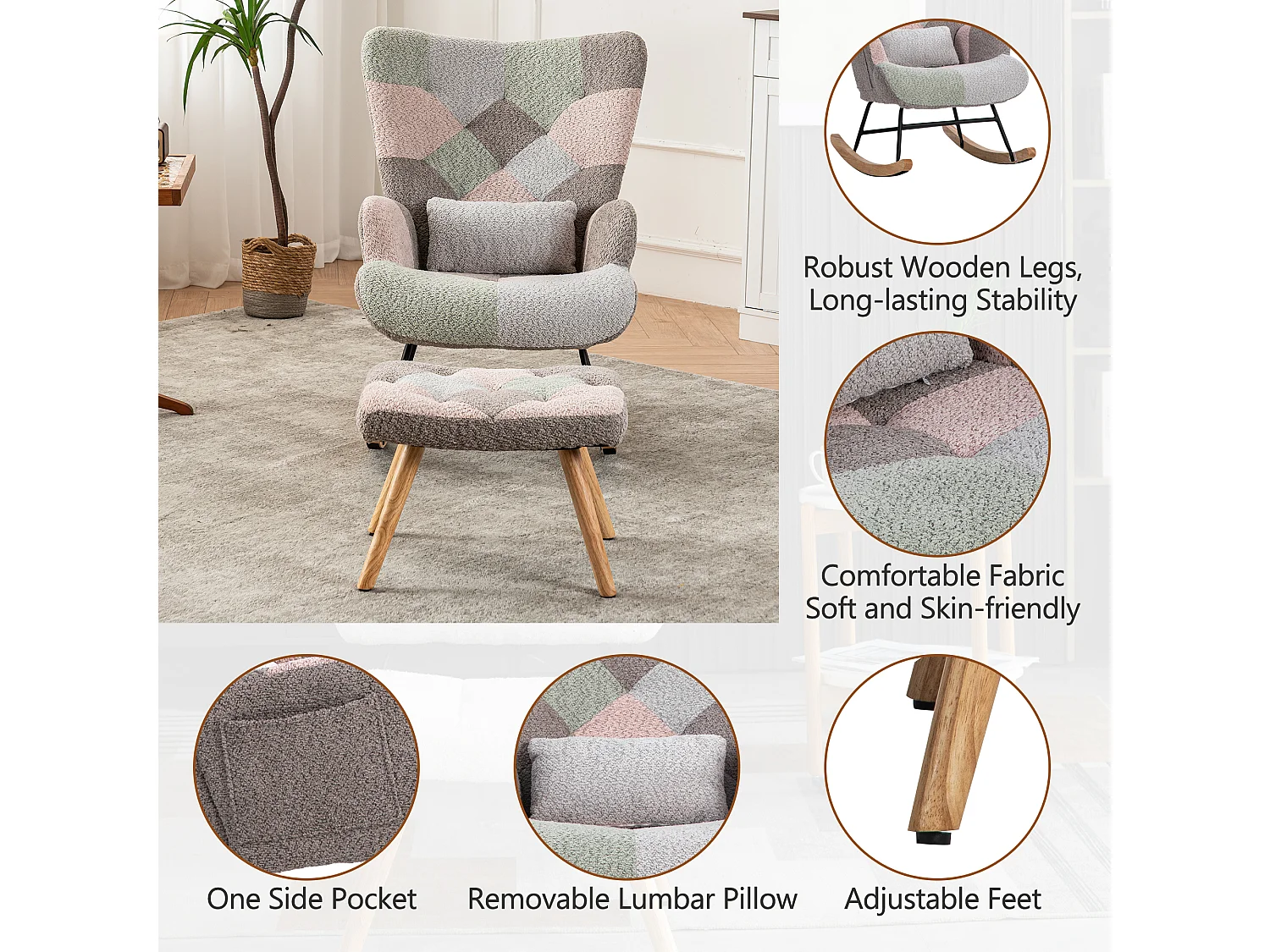 Fauteuil à bascule en peluche, patchwork multicolore, repose-pieds inclus, coussin lombaire, scandinave