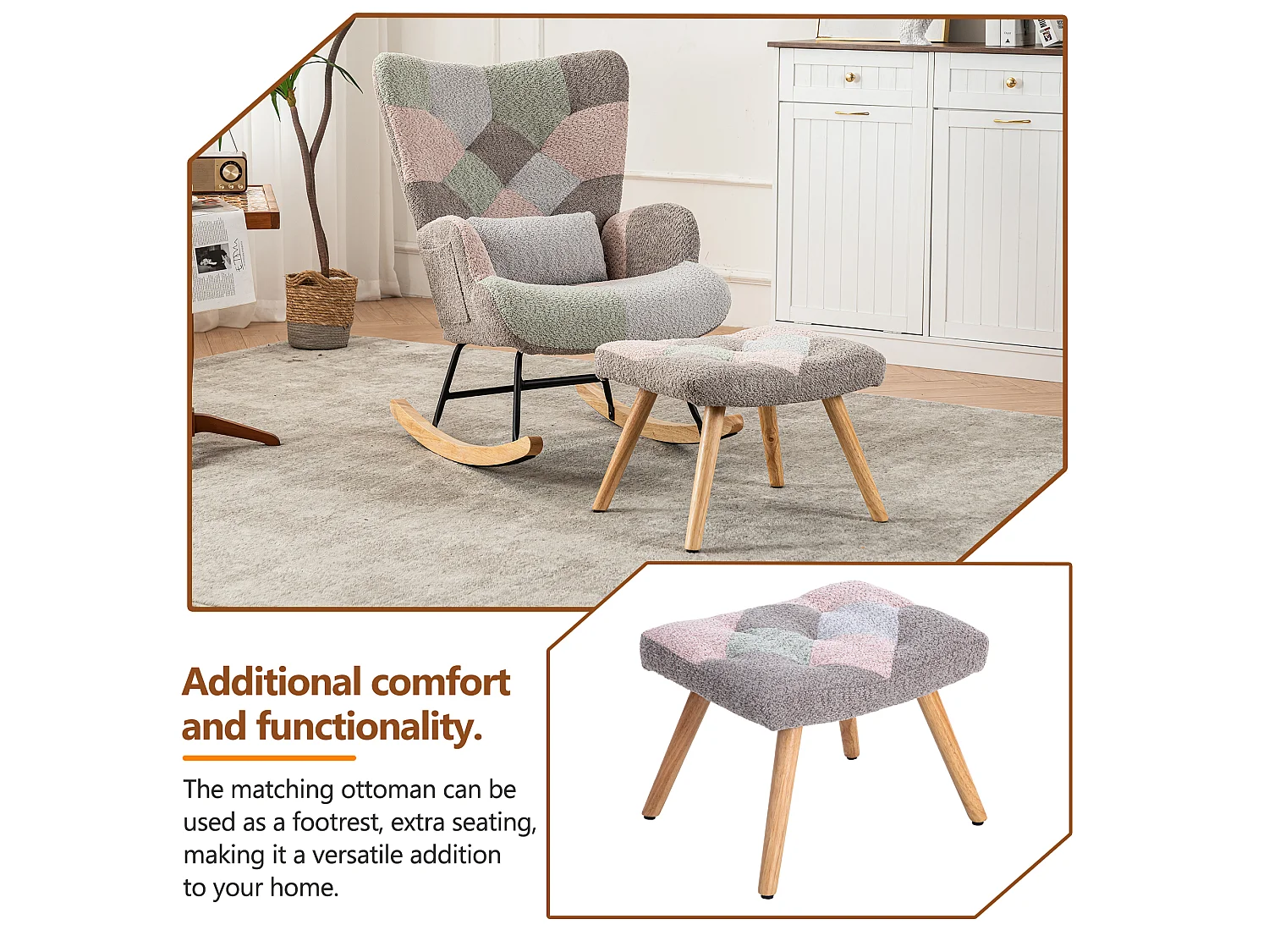 Fauteuil à bascule en peluche, patchwork multicolore, repose-pieds inclus, coussin lombaire, scandinave