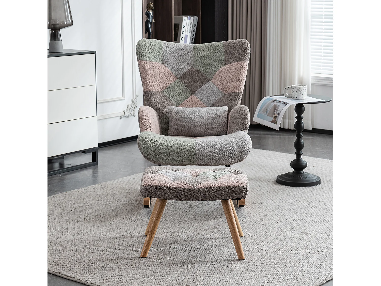 Fauteuil à bascule en peluche, patchwork multicolore, repose-pieds inclus, coussin lombaire, scandinave