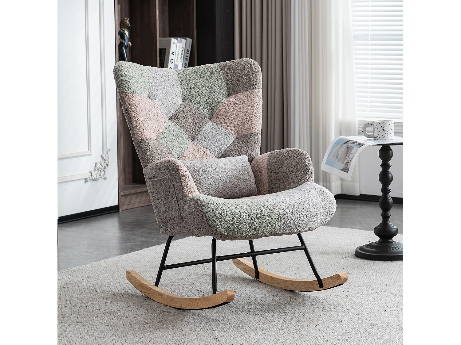 Fauteuil à bascule en peluche, patchwork multicolore, repose-pieds inclus, coussin lombaire, scandinave