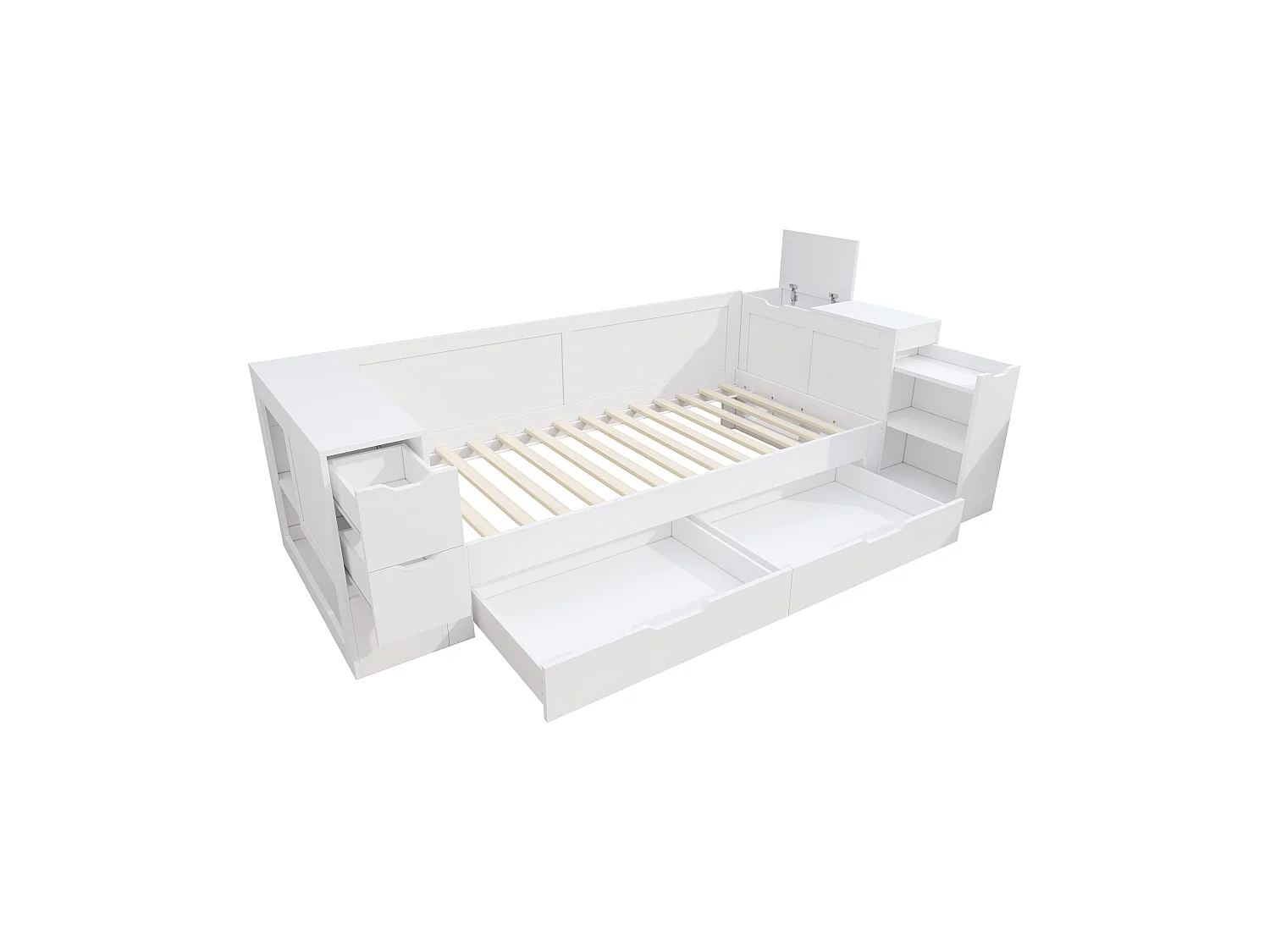 Banquette-lit bois 140x200, tiroirs + étagères + placards, tables chevet incluses, ado, blanc