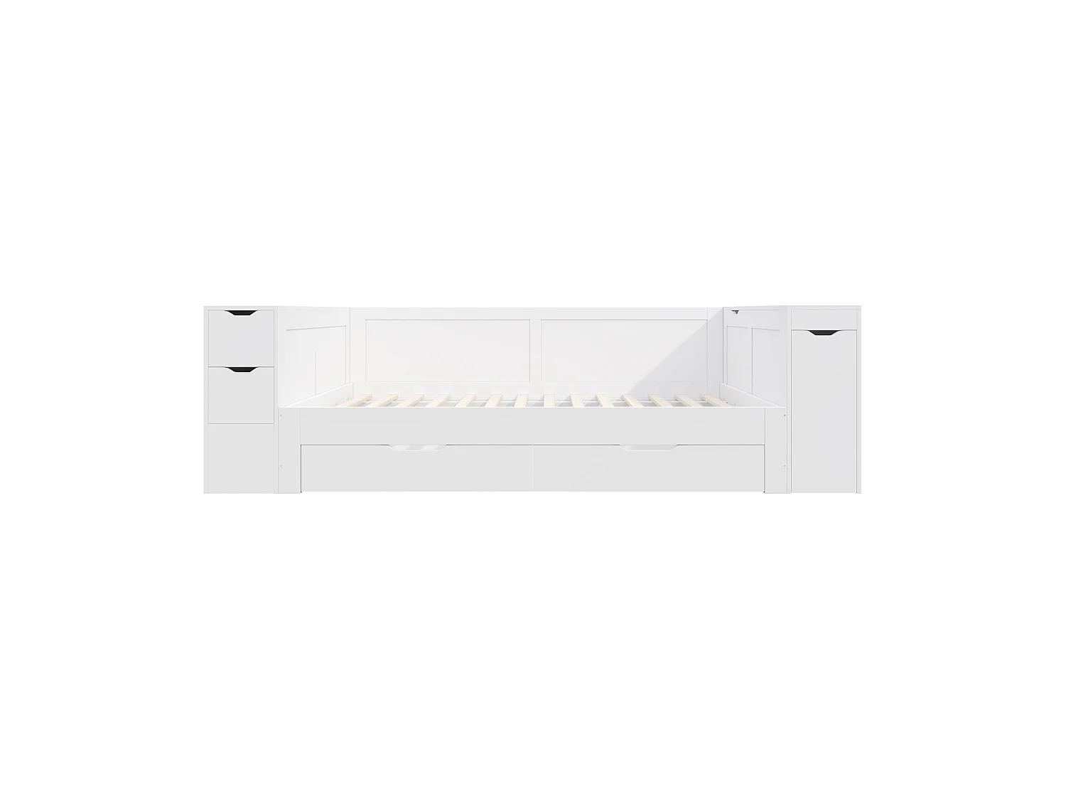 Banquette-lit bois 140x200, tiroirs + étagères + placards, tables chevet incluses, ado, blanc
