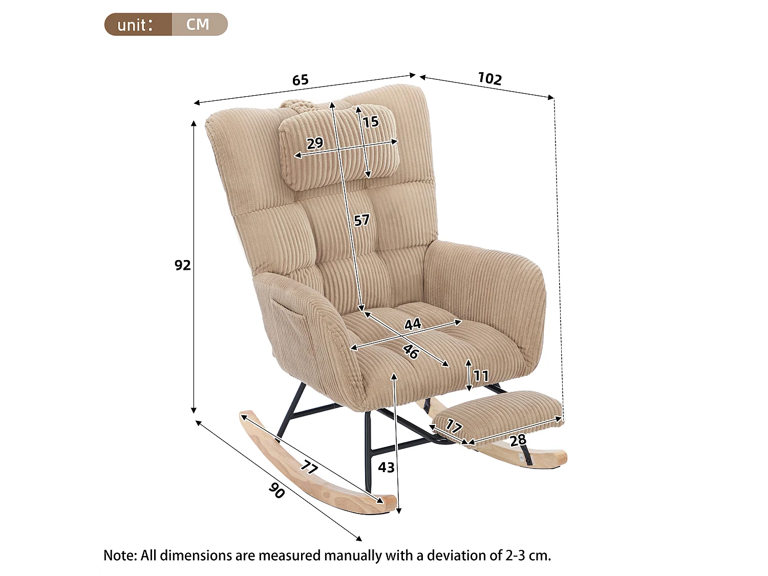 Fauteuil à bascule marron, dossier haut, coussin nuque, assise rembourrée, pour chambre bébé