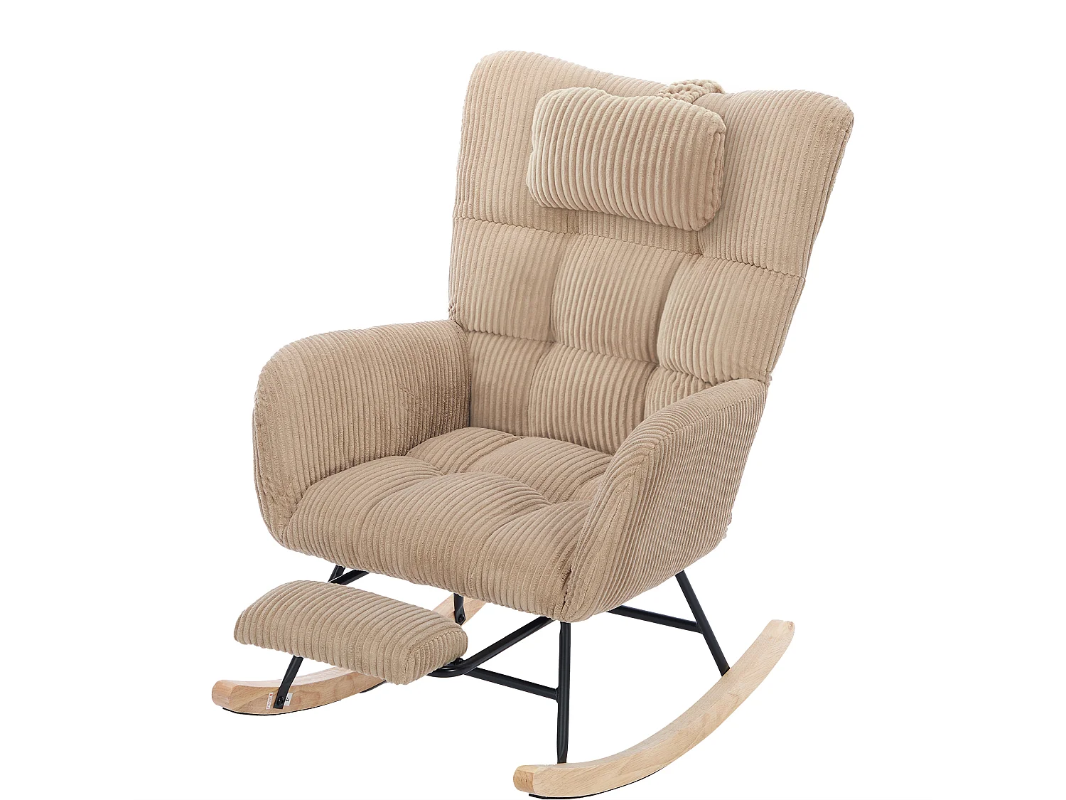 Fauteuil à bascule marron, dossier haut, coussin nuque, assise rembourrée, pour chambre bébé