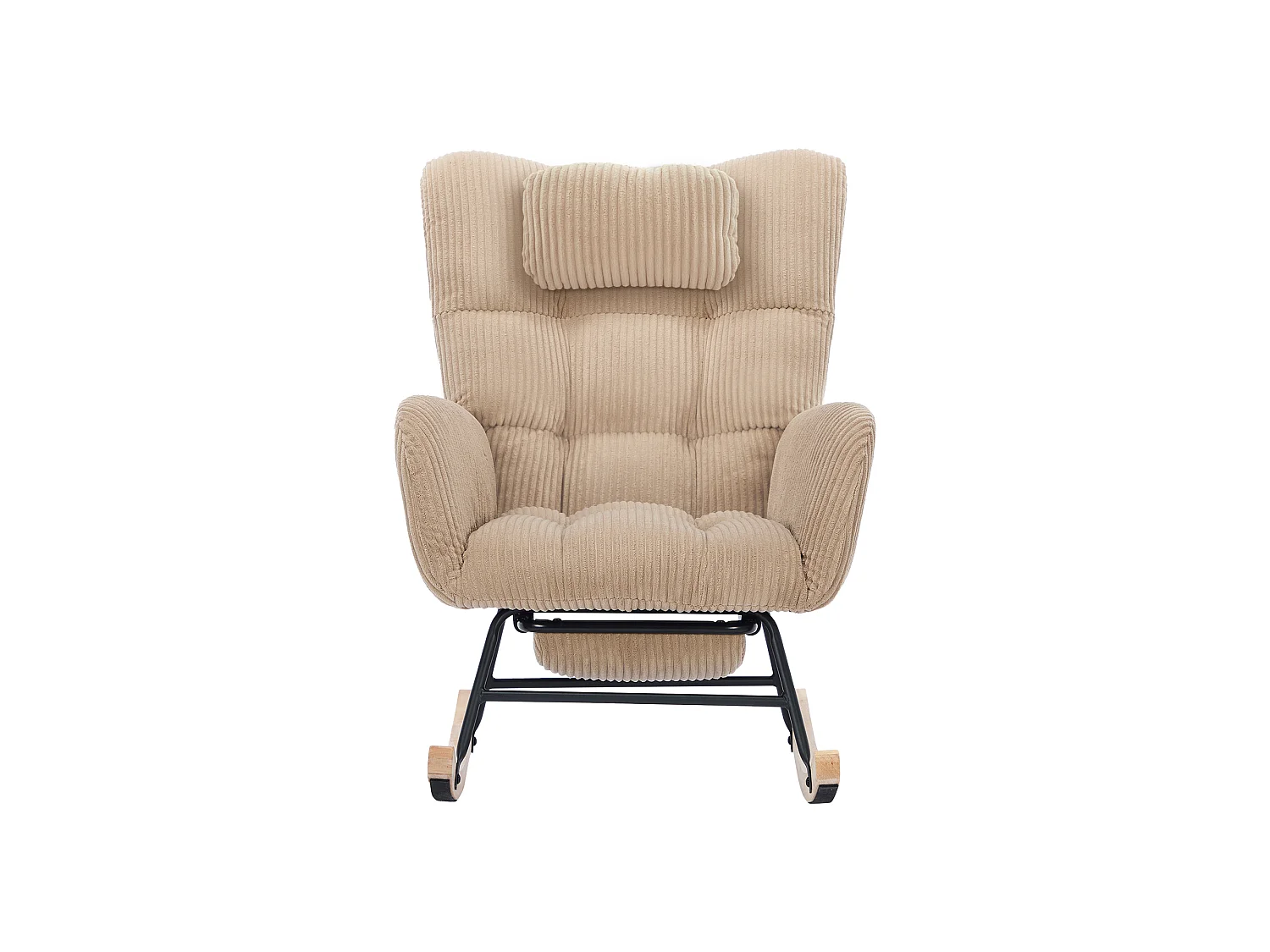 Fauteuil à bascule marron, dossier haut, coussin nuque, assise rembourrée, pour chambre bébé