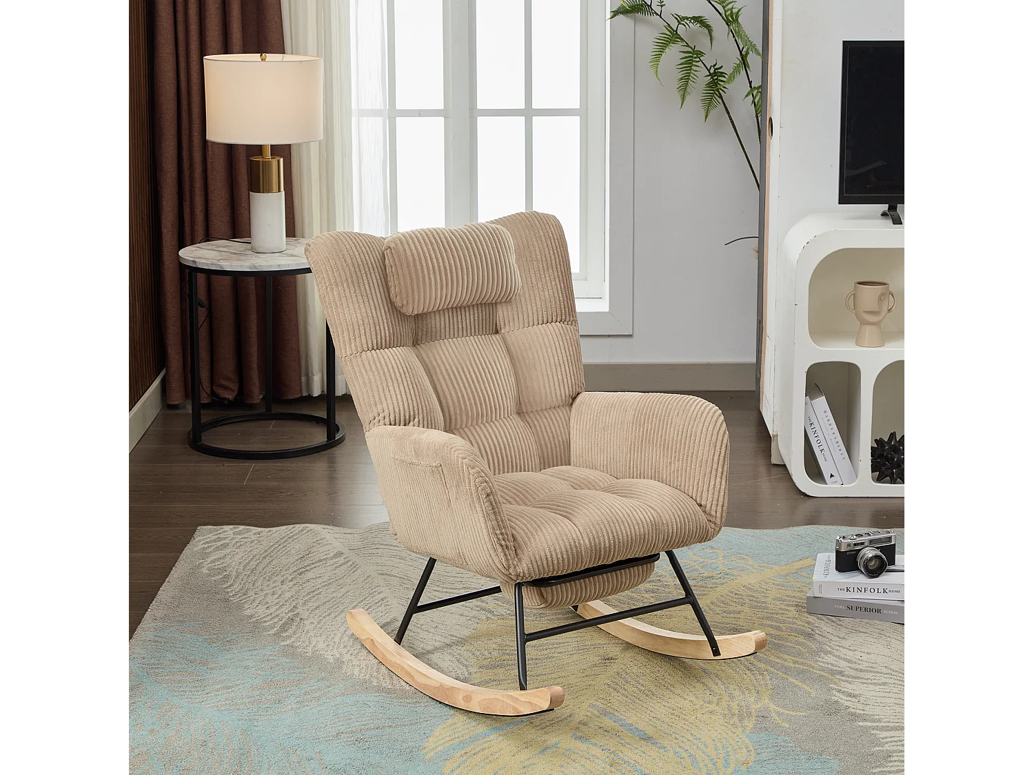 Fauteuil à bascule marron, dossier haut, coussin nuque, assise rembourrée, pour chambre bébé