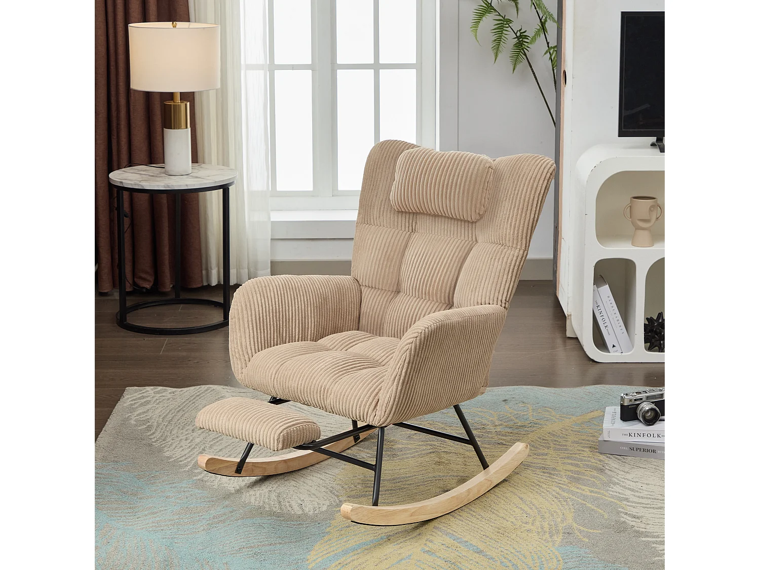 Fauteuil à bascule marron, dossier haut, coussin nuque, assise rembourrée, pour chambre bébé