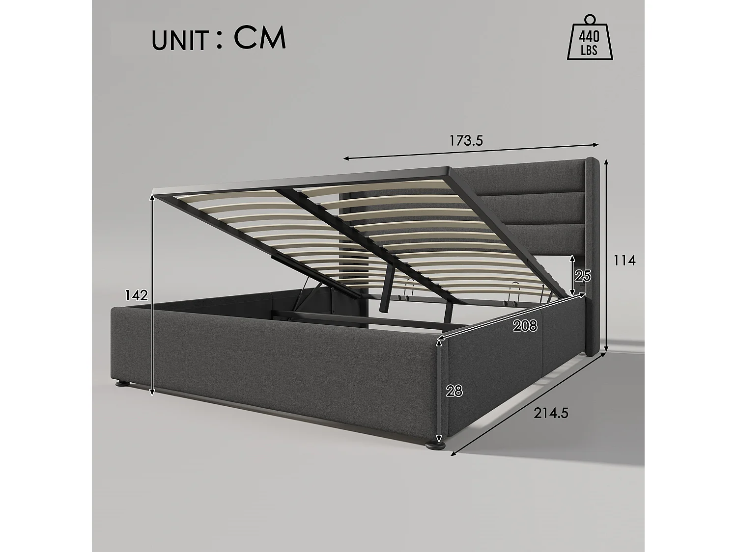 Lit coffre hydraulique 160x200, capitonné, sommier lattes bois, lin, gris