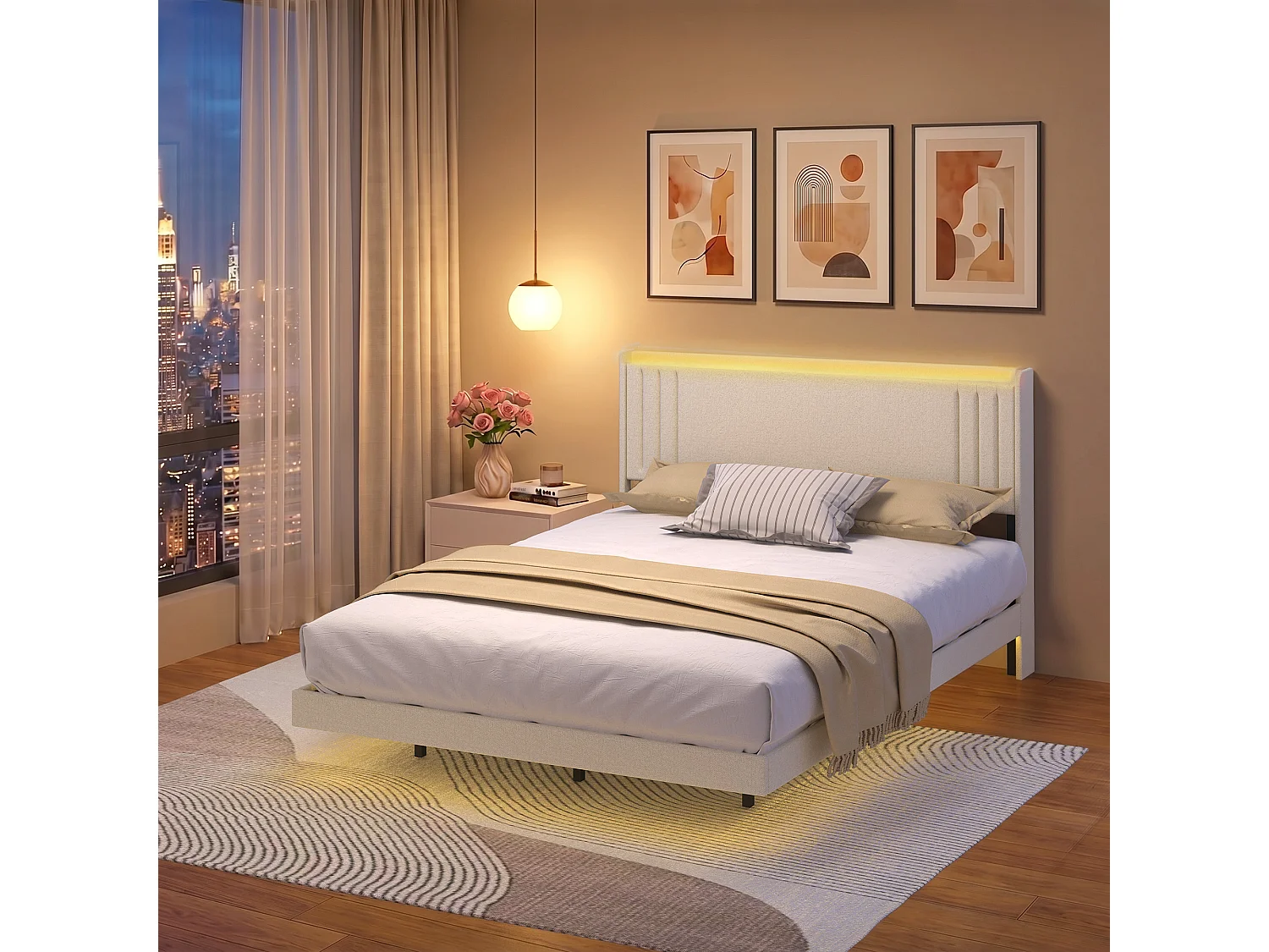 Lit Rembourré Design Flottant Bealife avec Station de Charge Intelligente et Bande LED RGB, Pieds Cachés, Sommier, 160×200 cm, Beige