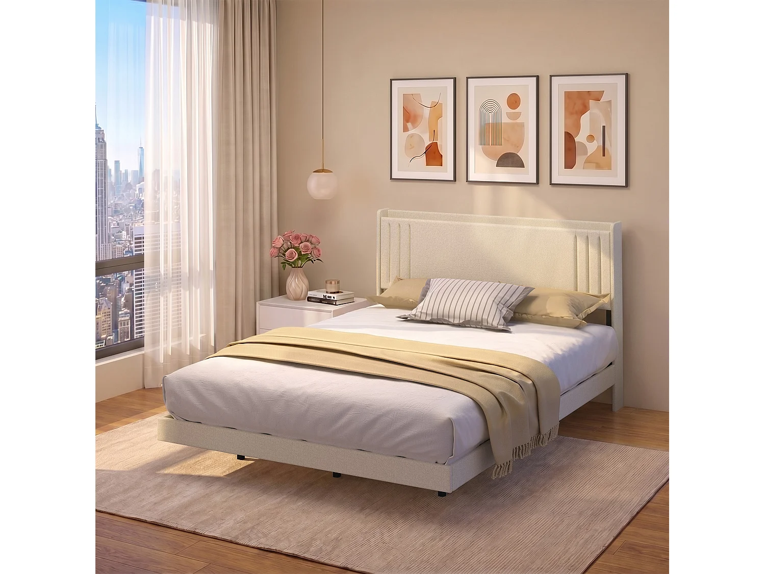 Lit Rembourré Design Flottant Bealife avec Station de Charge Intelligente et Bande LED RGB, Pieds Cachés, Sommier, 160×200 cm, Beige