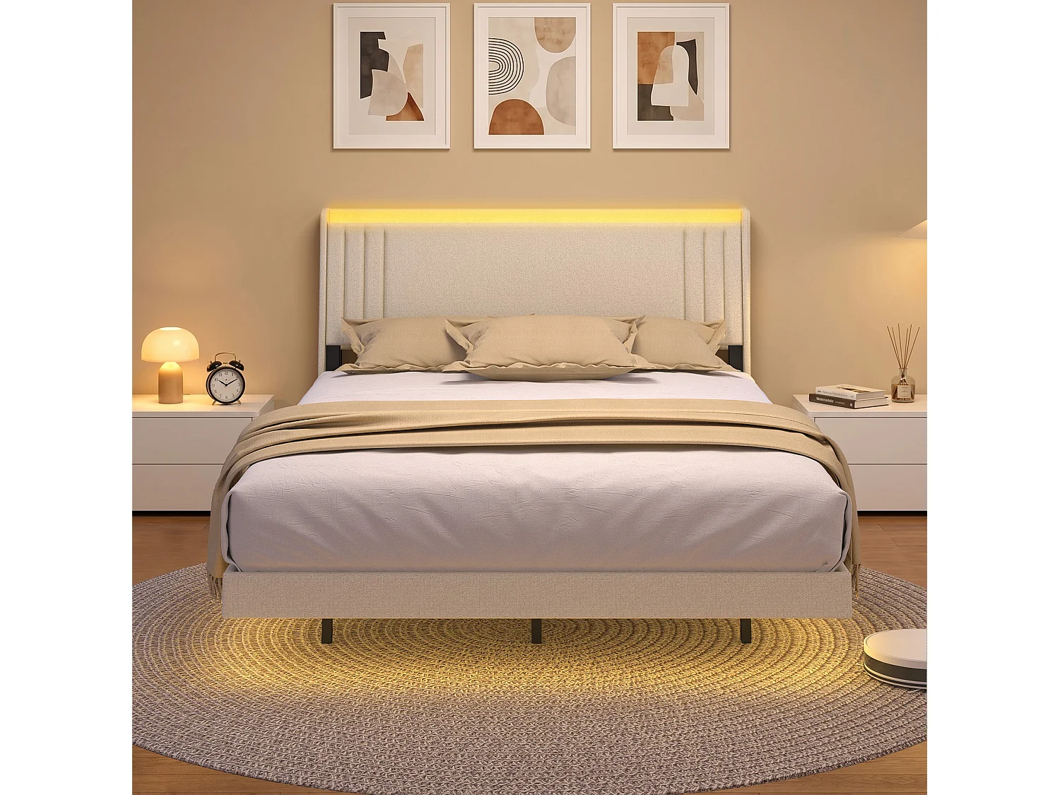 Lit Rembourré Design Flottant Bealife avec Station de Charge Intelligente et Bande LED RGB, Pieds Cachés, Sommier, 160×200 cm, Beige