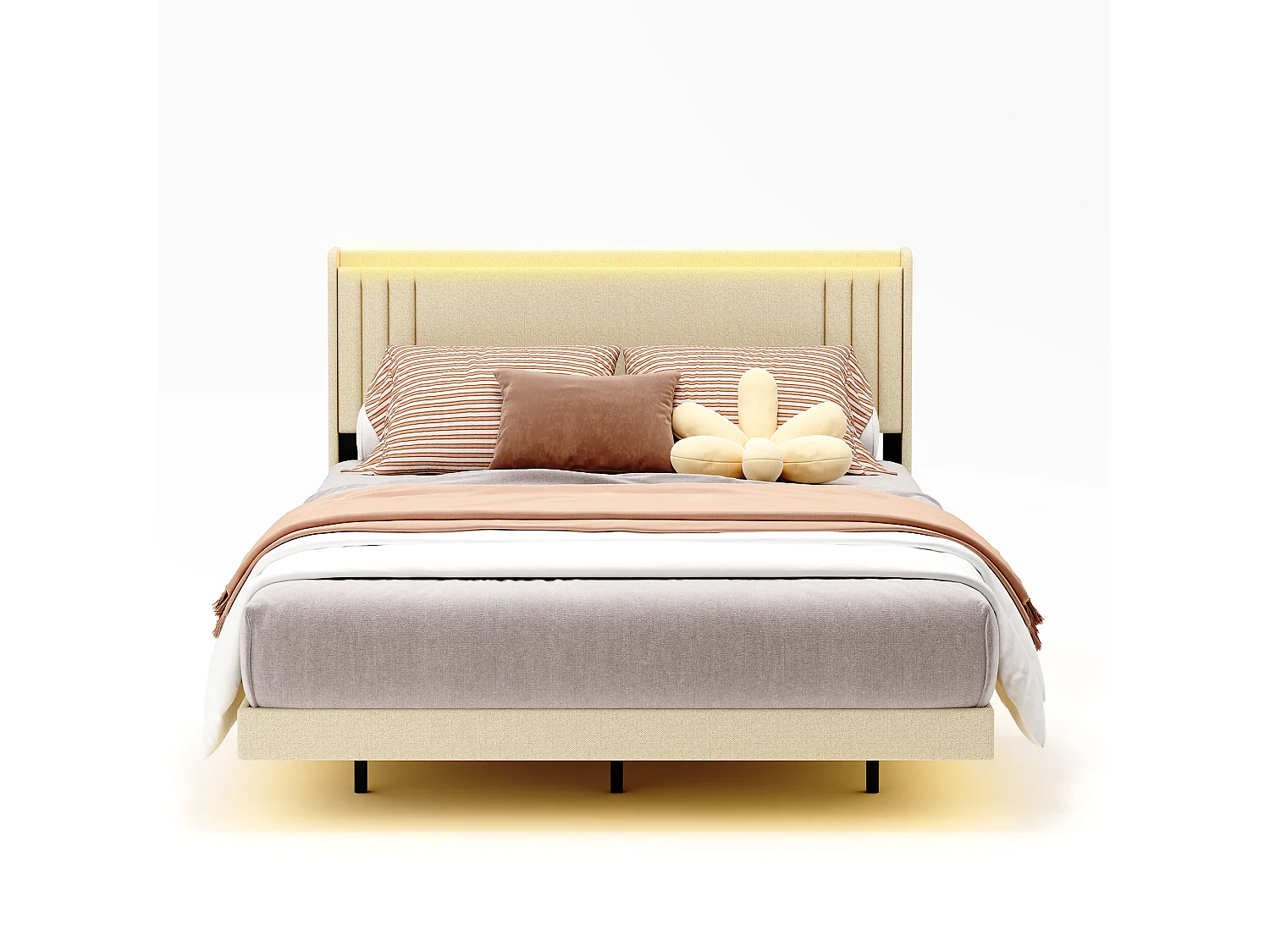 Lit Rembourré Design Flottant Bealife avec Station de Charge Intelligente et Bande LED RGB, Pieds Cachés, Sommier, 160×200 cm, Beige