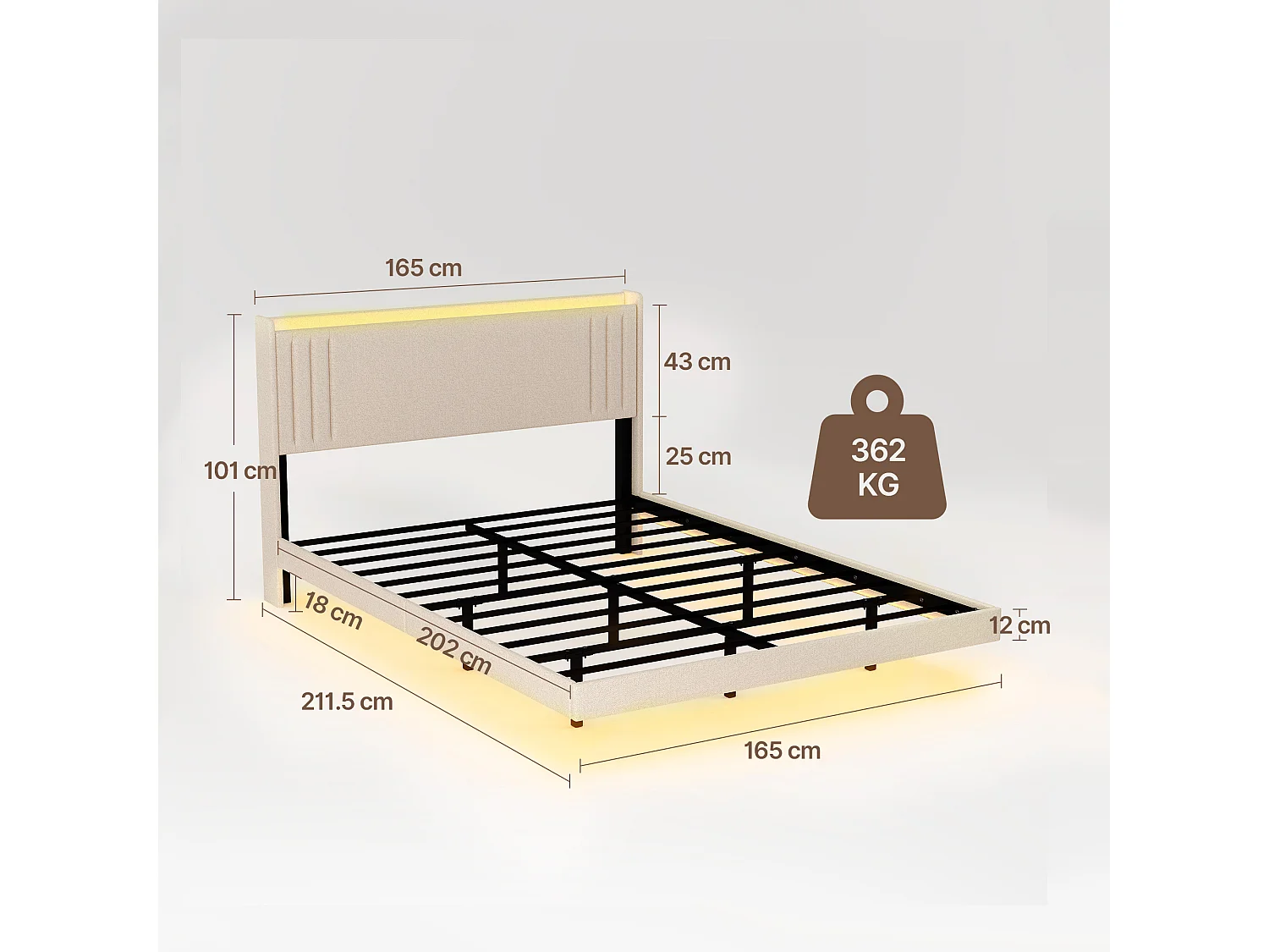 Lit Rembourré Design Flottant Bealife avec Station de Charge Intelligente et Bande LED RGB, Pieds Cachés, Sommier, 160×200 cm, Beige