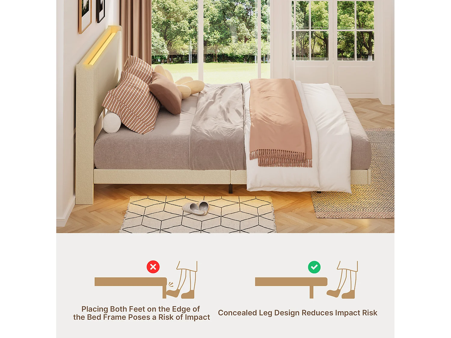 Lit Rembourré Design Flottant Bealife avec Station de Charge Intelligente et Bande LED RGB, Pieds Cachés, Sommier, 160×200 cm, Beige