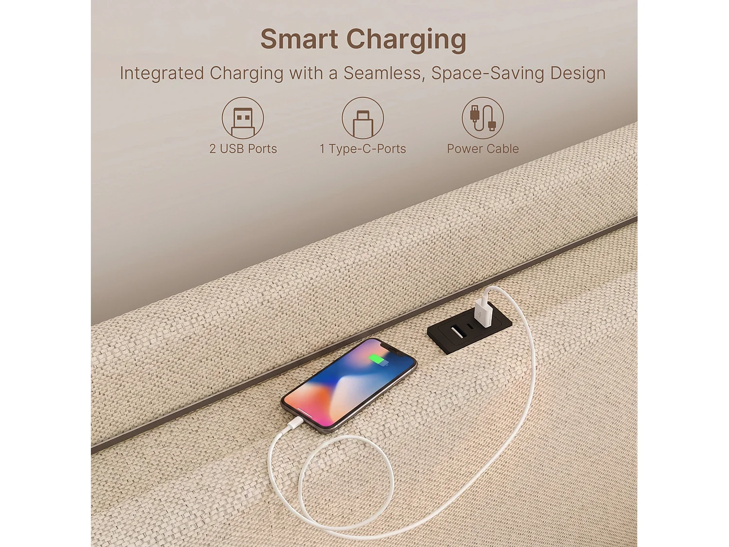 Lit Rembourré Design Flottant Bealife avec Station de Charge Intelligente et Bande LED RGB, Pieds Cachés, Sommier, 160×200 cm, Beige