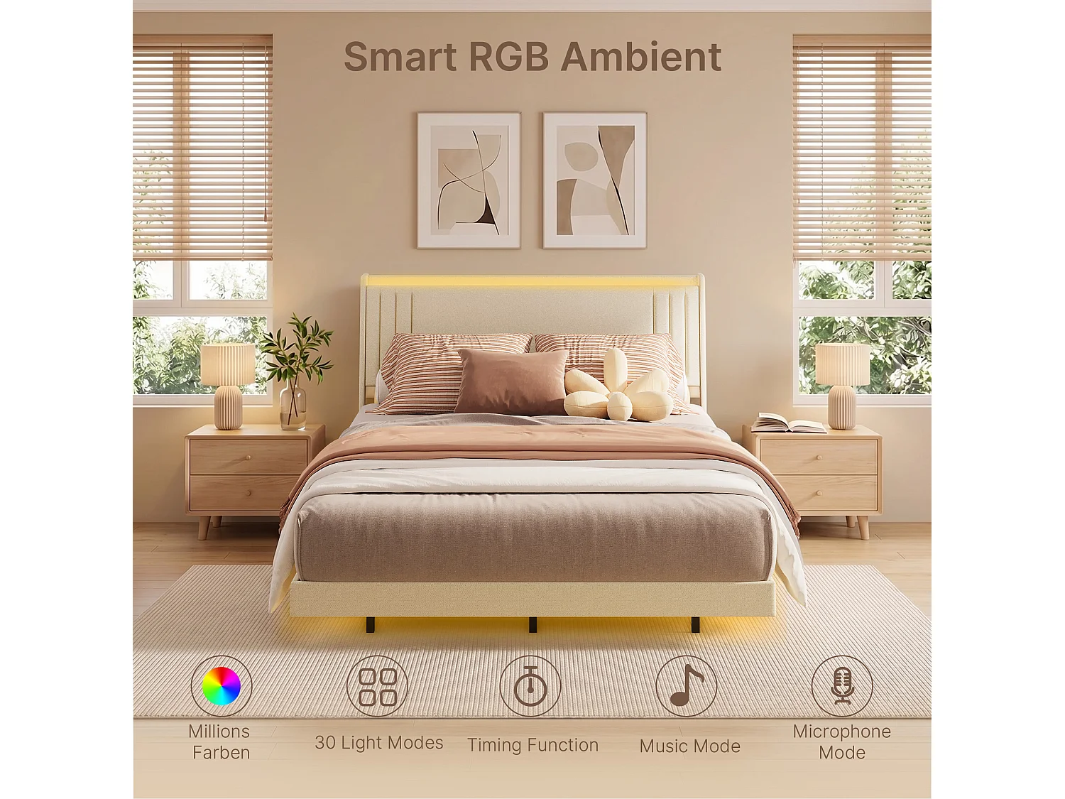 Lit Rembourré Design Flottant Bealife avec Station de Charge Intelligente et Bande LED RGB, Pieds Cachés, Sommier, 160×200 cm, Beige