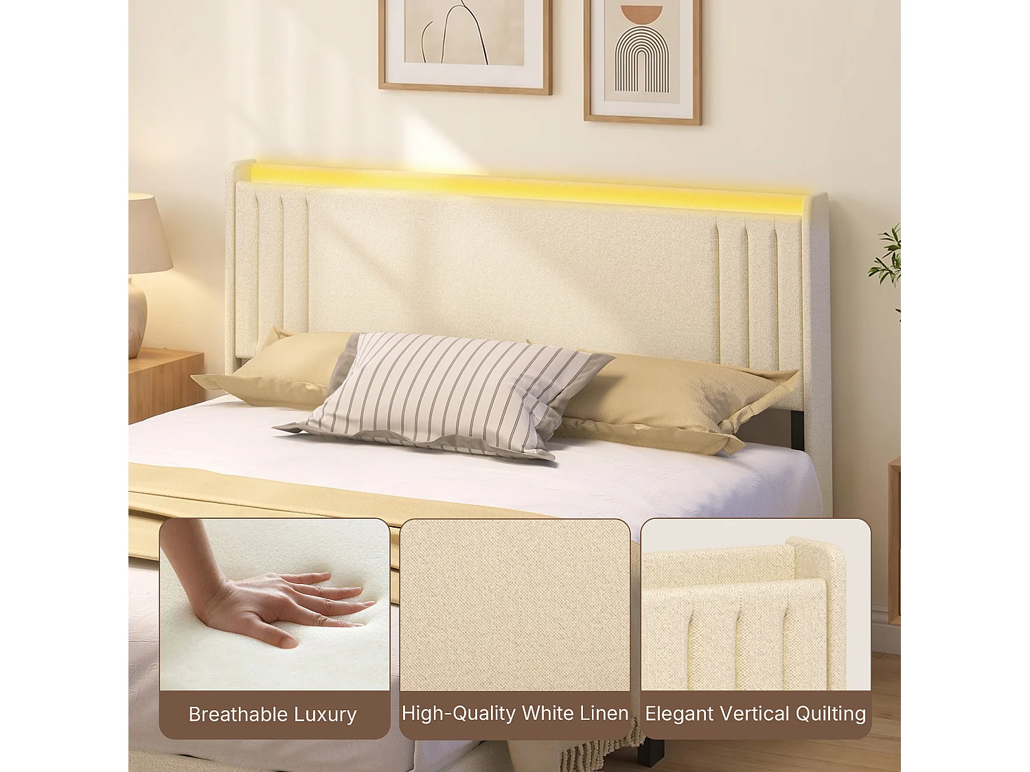 Lit Rembourré Design Flottant Bealife avec Station de Charge Intelligente et Bande LED RGB, Pieds Cachés, Sommier, 160×200 cm, Beige