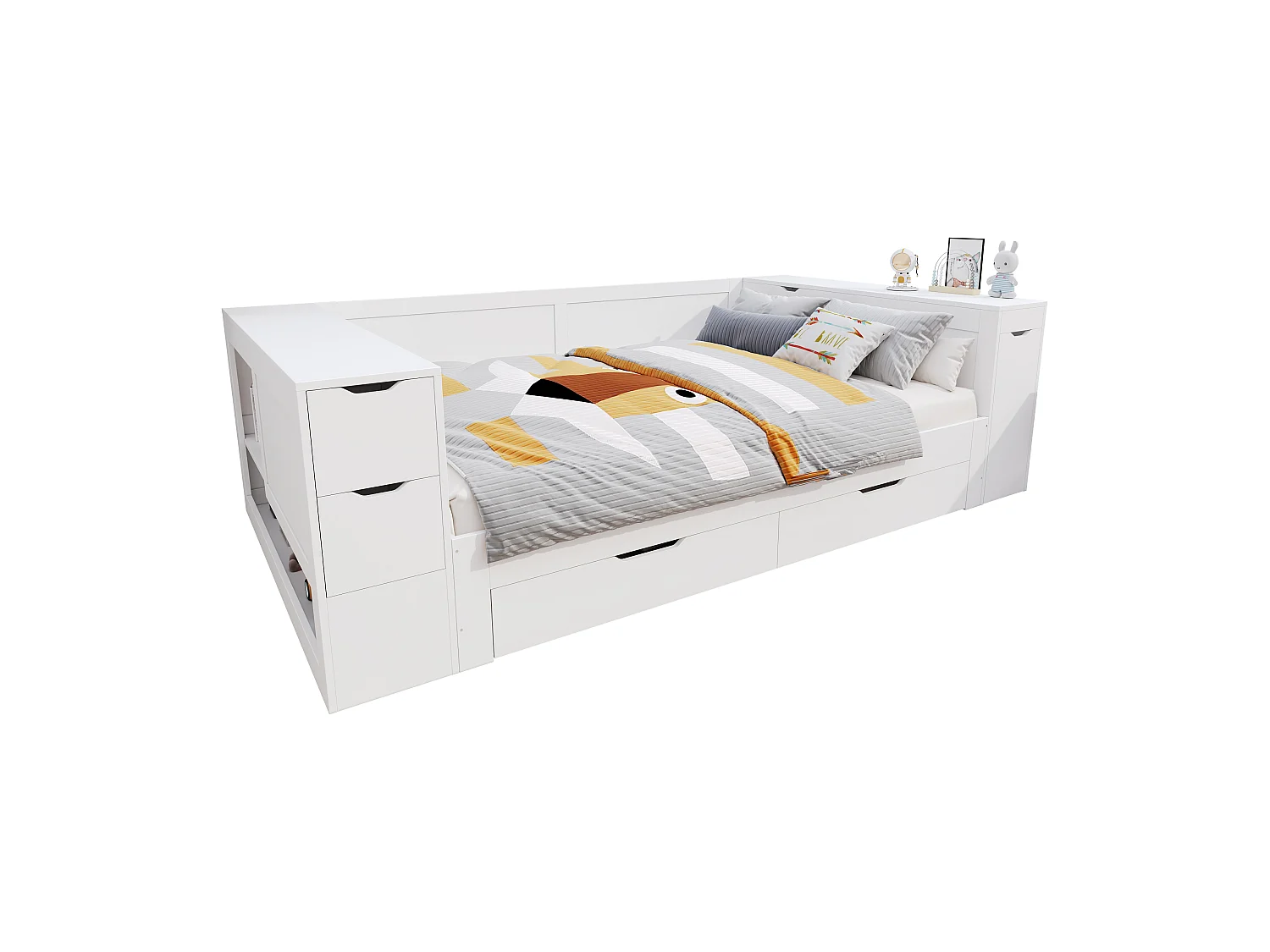 Banquette-lit enfant 90x200, 1 place, tiroirs + étagères, rangements, table chevet incluse, blanc