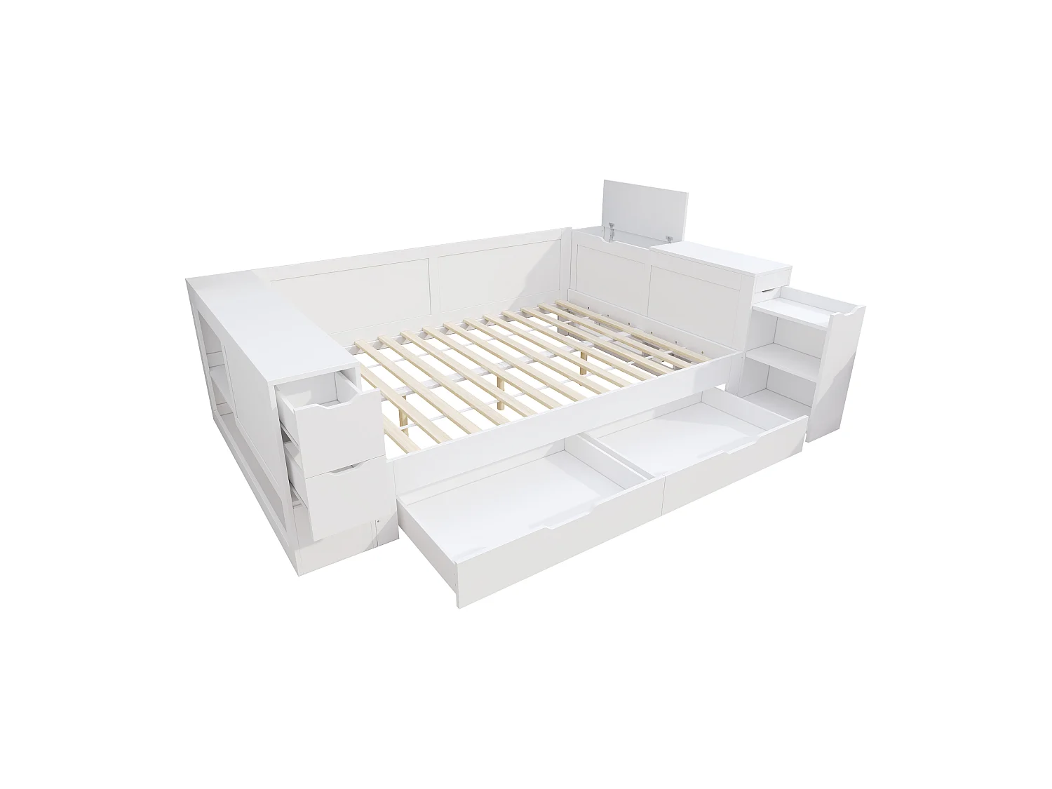 Banquette-lit enfant 90x200, 1 place, tiroirs + étagères, rangements, table chevet incluse, blanc