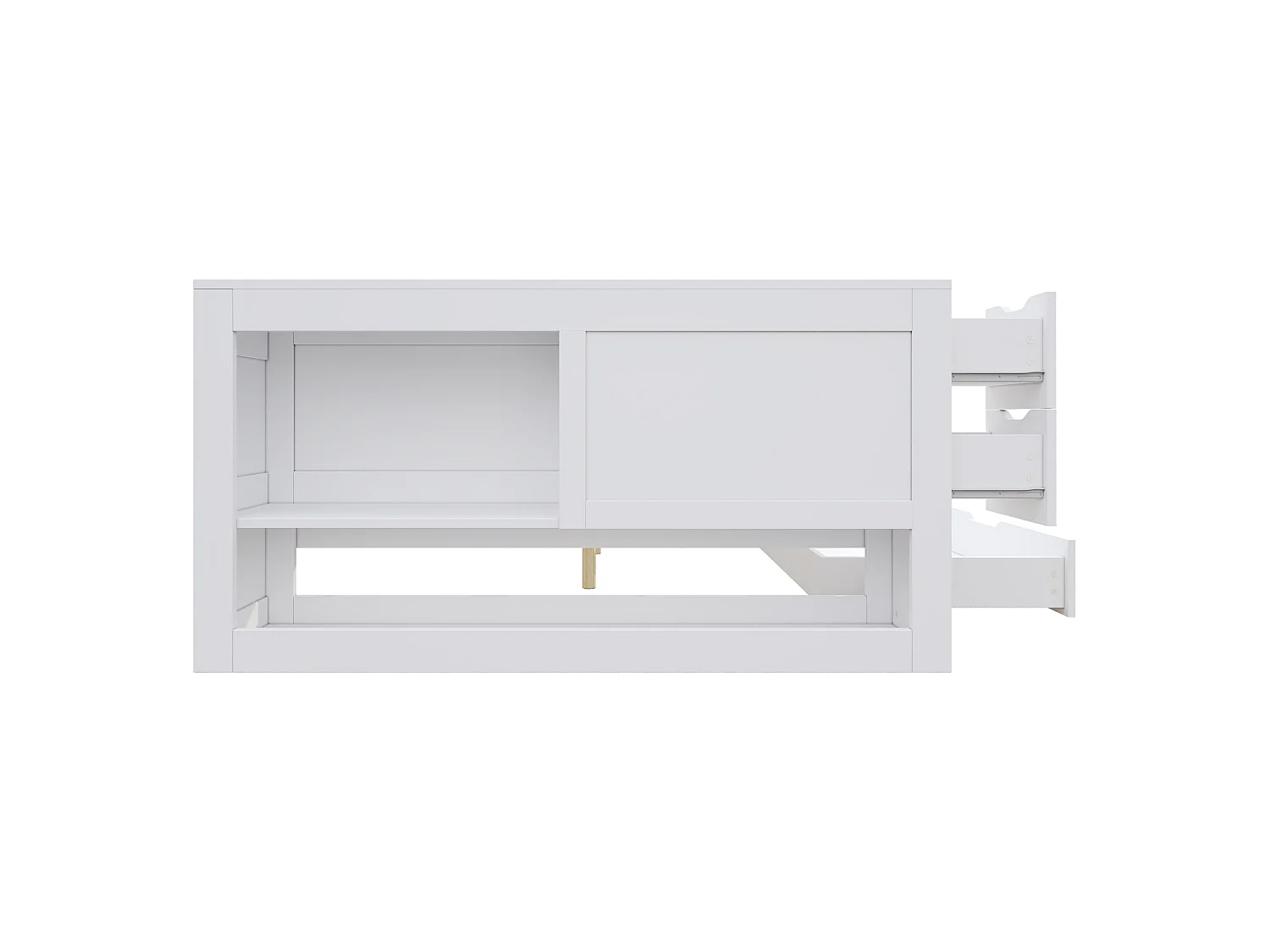 Banquette-lit enfant 90x200, 1 place, tiroirs + étagères, rangements, table chevet incluse, blanc