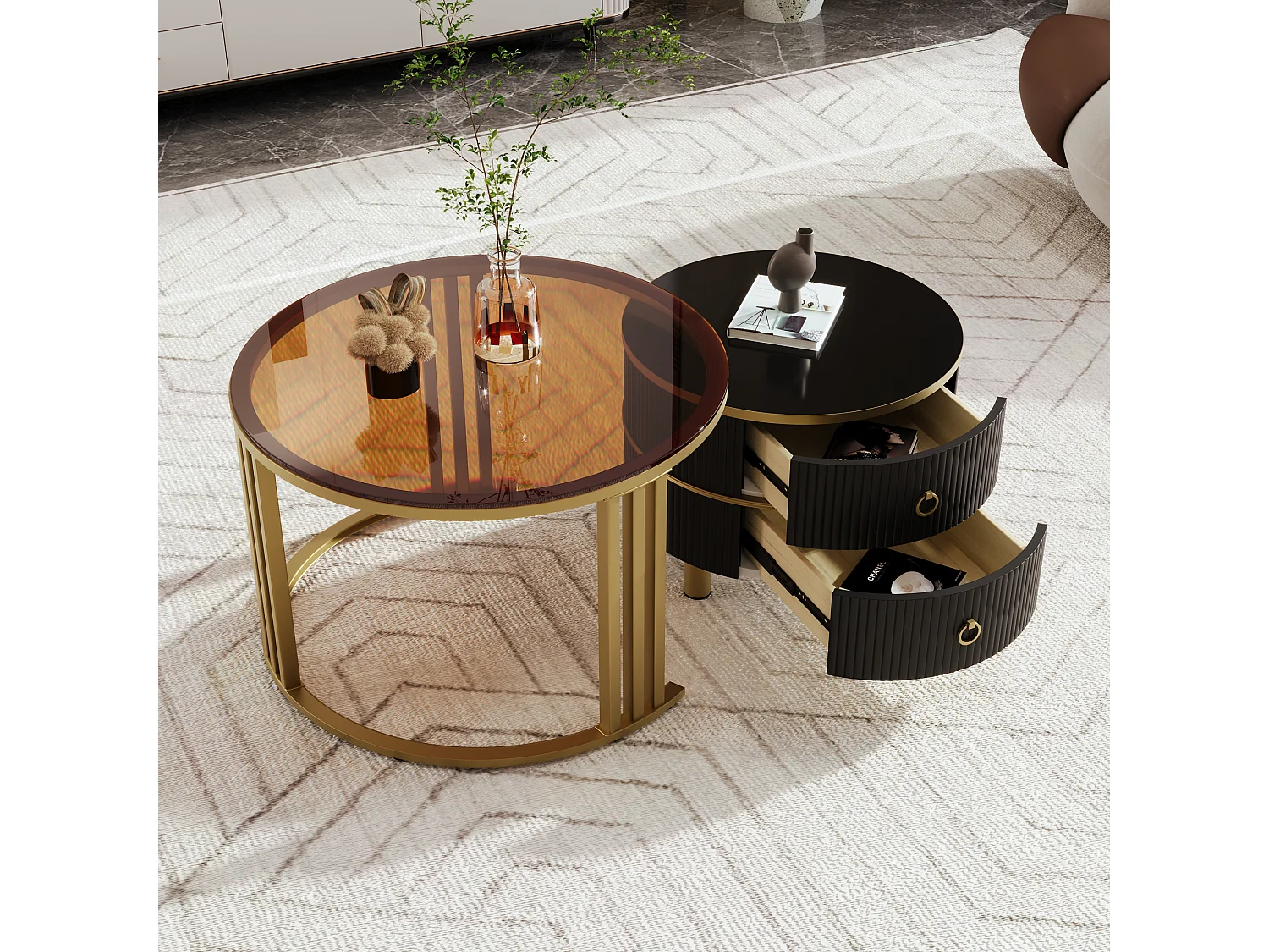 Tables basses gigognes, plateau laqué blanc + verre brun, piètement doré, 2 tiroirs, salon