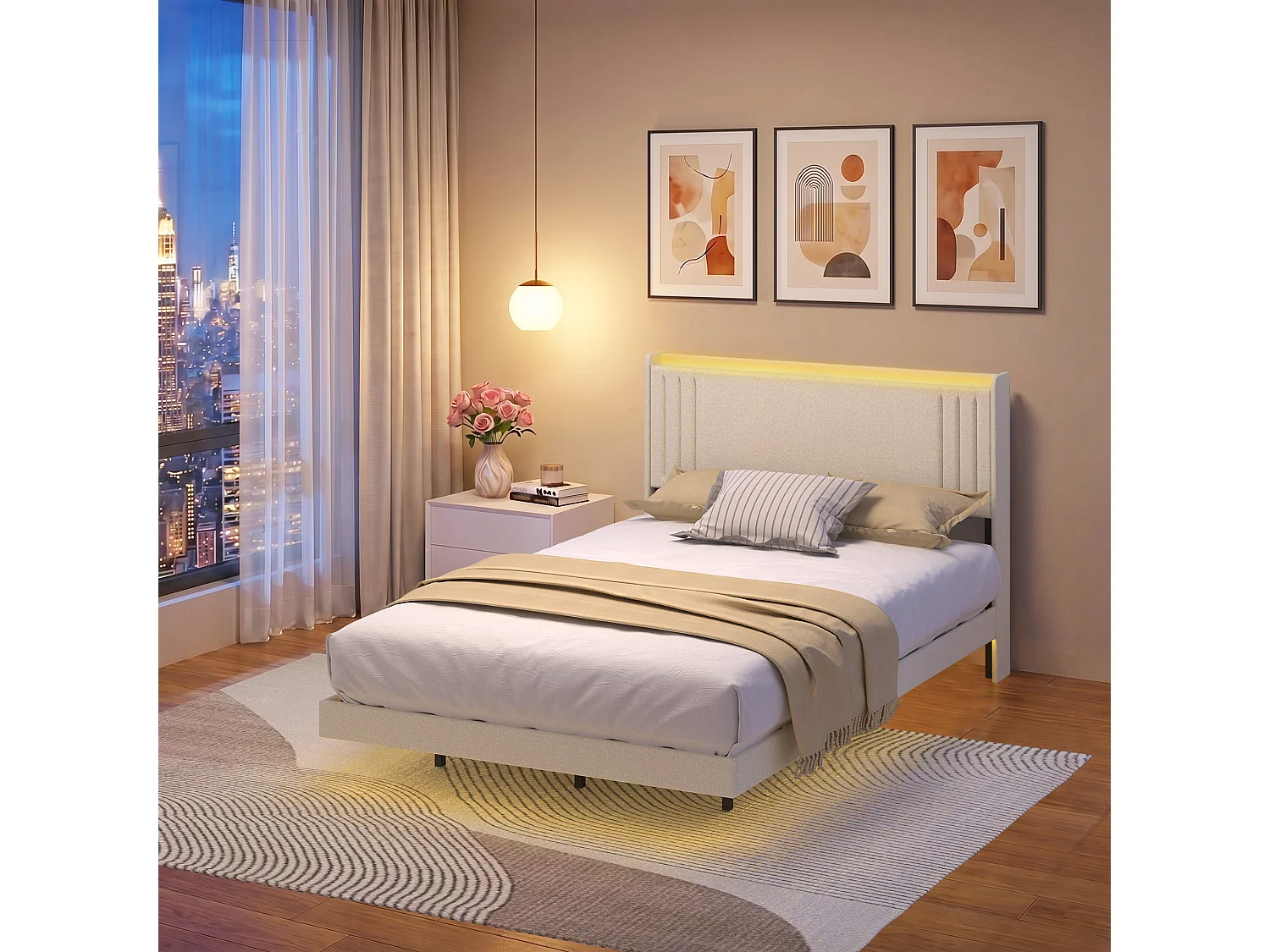 Lit Rembourré Design Flottant Bealife avec Station de Charge Intelligente et Bande LED RGB, Pieds Cachés, Sommier, 140×200 cm, Beige
