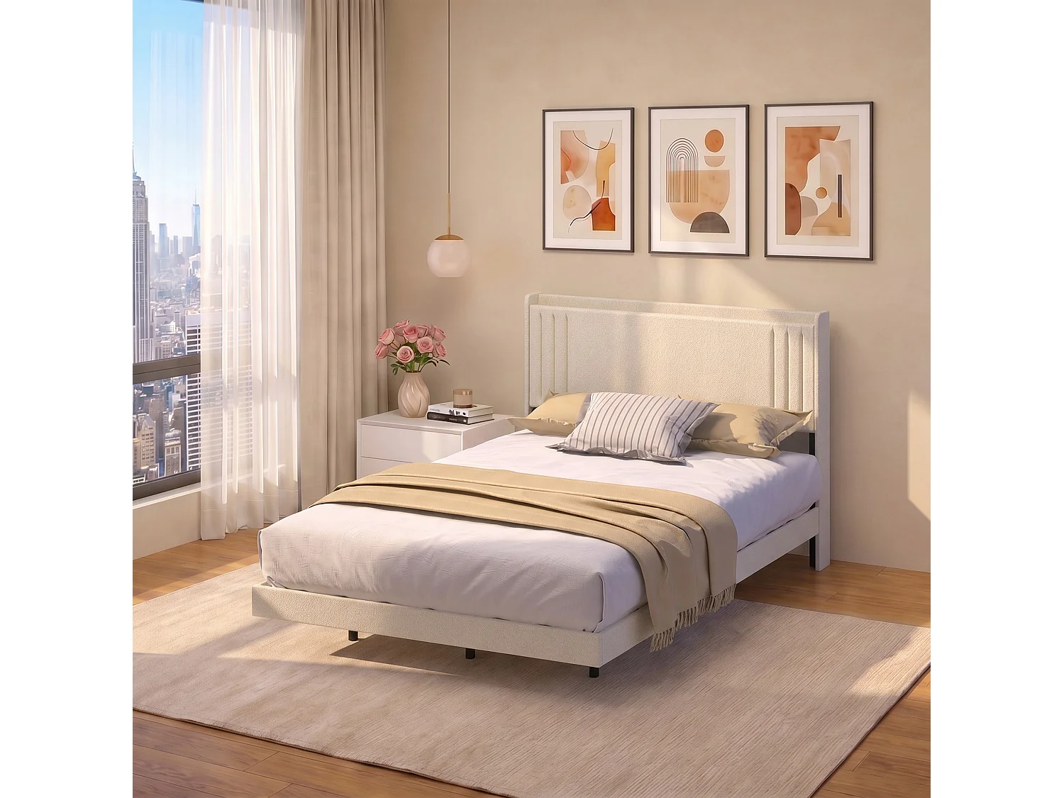 Lit Rembourré Design Flottant Bealife avec Station de Charge Intelligente et Bande LED RGB, Pieds Cachés, Sommier, 140×200 cm, Beige