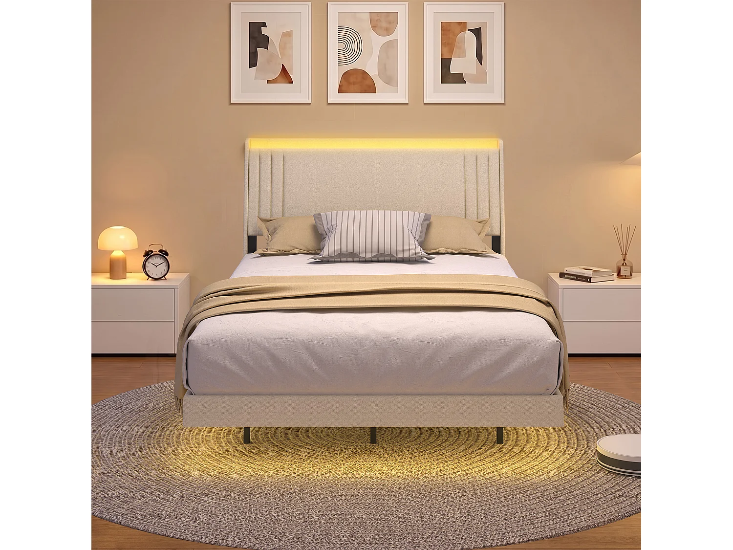 Lit Rembourré Design Flottant Bealife avec Station de Charge Intelligente et Bande LED RGB, Pieds Cachés, Sommier, 140×200 cm, Beige