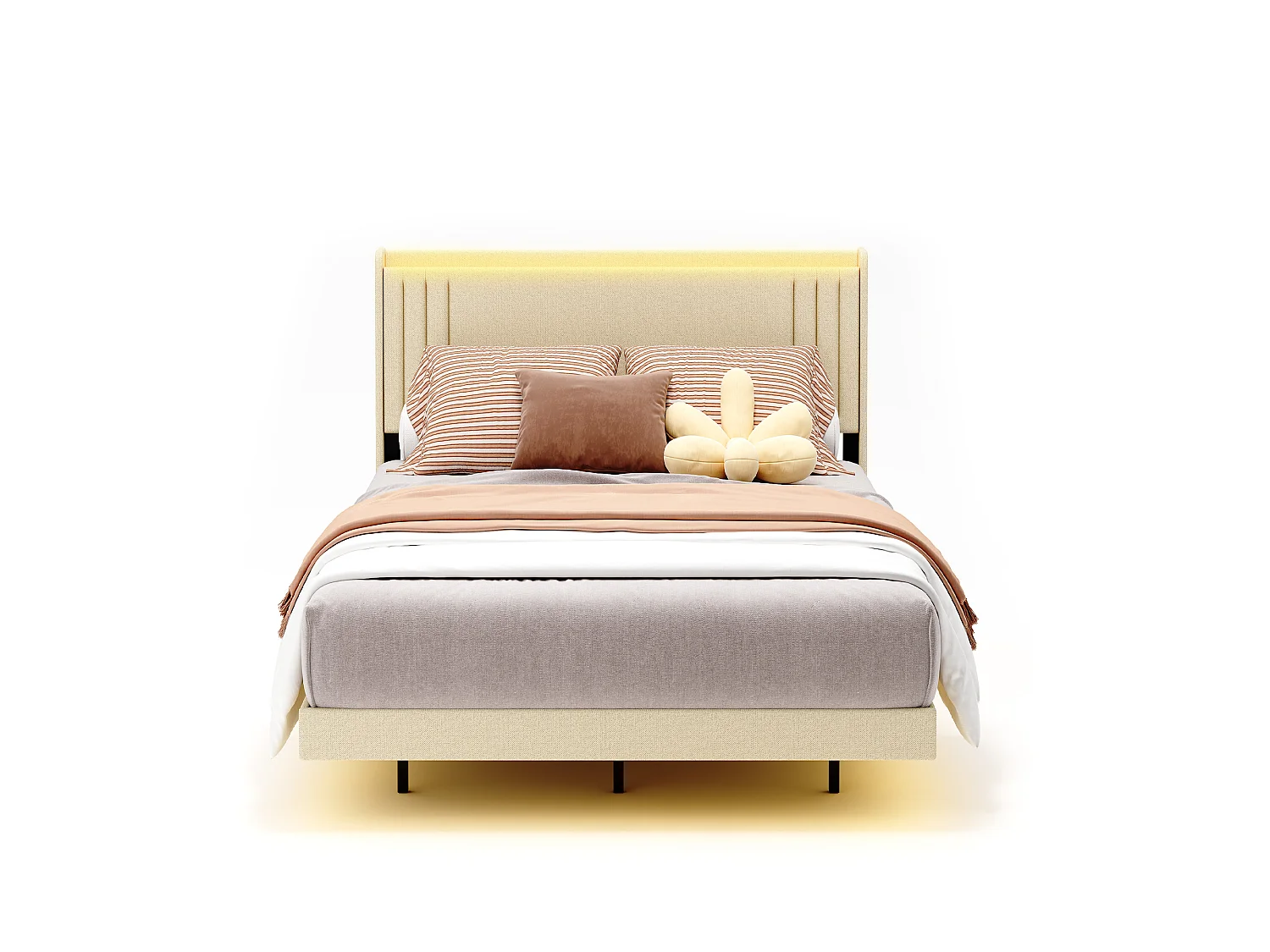 Lit Rembourré Design Flottant Bealife avec Station de Charge Intelligente et Bande LED RGB, Pieds Cachés, Sommier, 140×200 cm, Beige