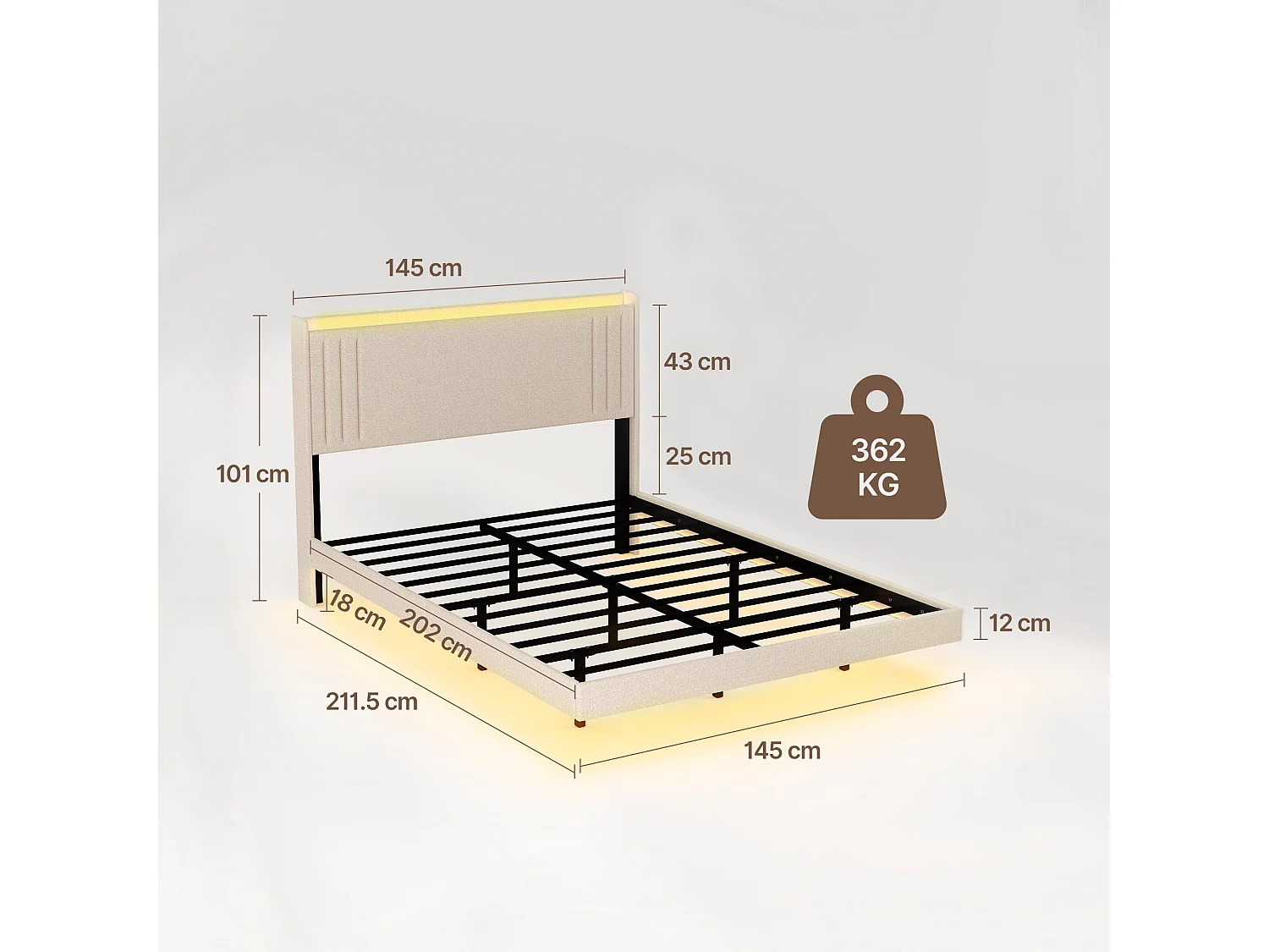 Lit Rembourré Design Flottant Bealife avec Station de Charge Intelligente et Bande LED RGB, Pieds Cachés, Sommier, 140×200 cm, Beige