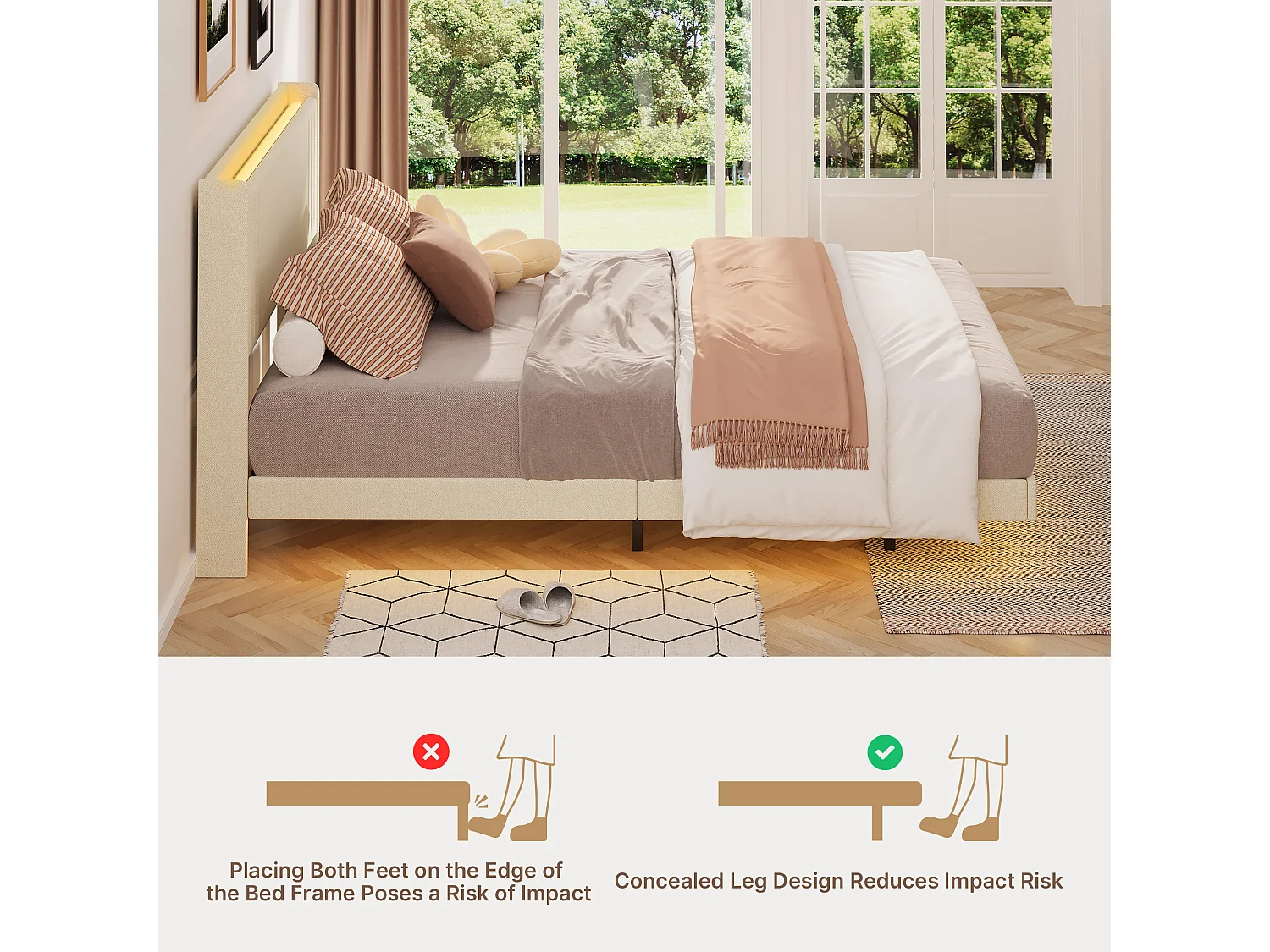 Lit Rembourré Design Flottant Bealife avec Station de Charge Intelligente et Bande LED RGB, Pieds Cachés, Sommier, 140×200 cm, Beige