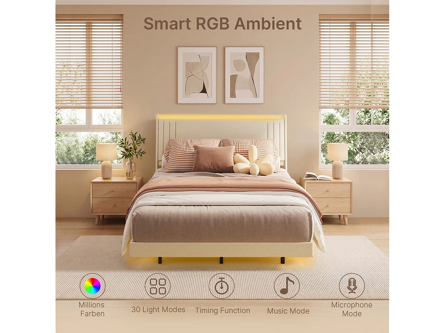 Lit Rembourré Design Flottant Bealife avec Station de Charge Intelligente et Bande LED RGB, Pieds Cachés, Sommier, 140×200 cm, Beige