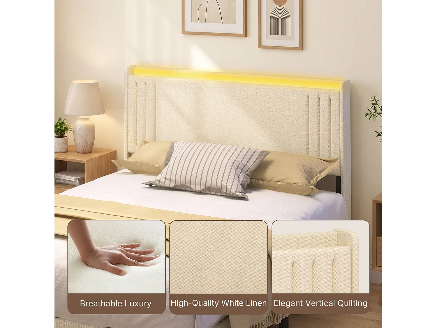 Lit Rembourré Design Flottant Bealife avec Station de Charge Intelligente et Bande LED RGB, Pieds Cachés, Sommier, 140×200 cm, Beige