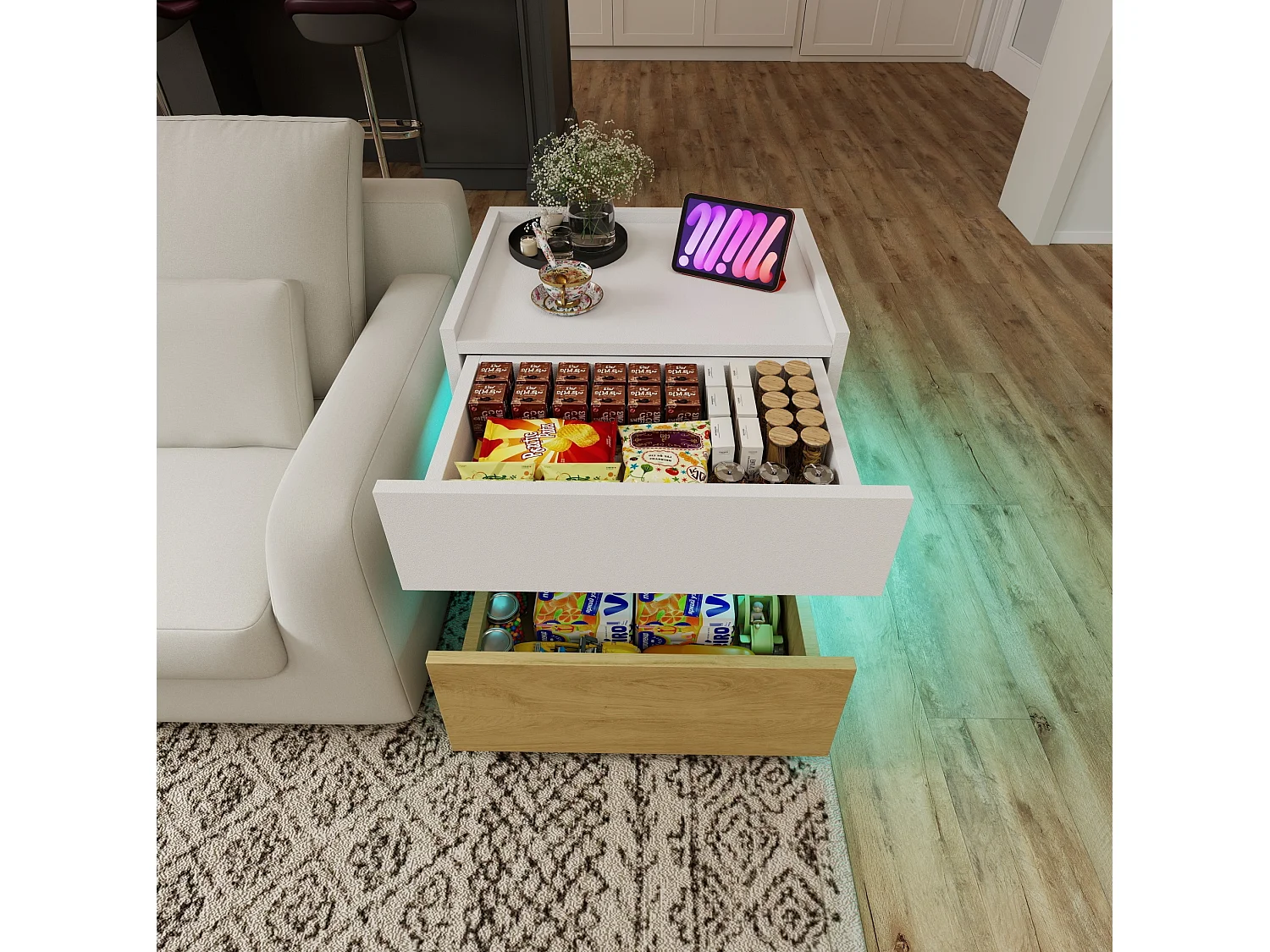 Table de chevet avec LED et 2 tiroirs - Blanc et bois