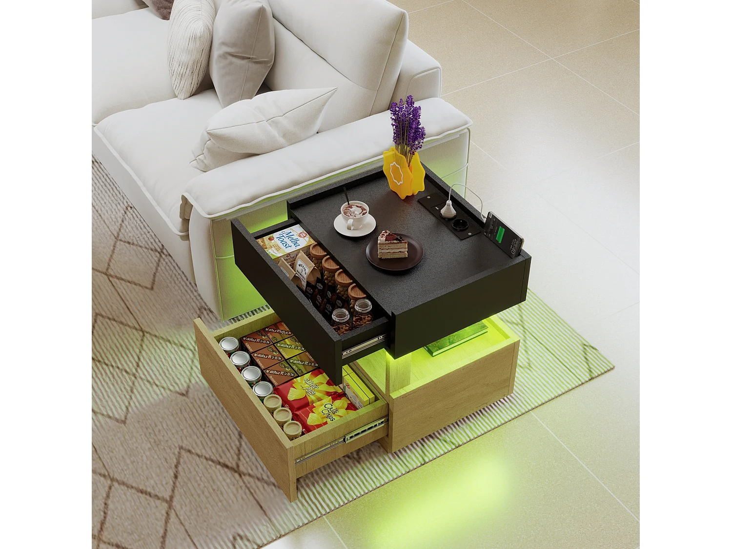 Comodino con illuminazione a LED, porta USB e 2 cassetti - Nero e legno