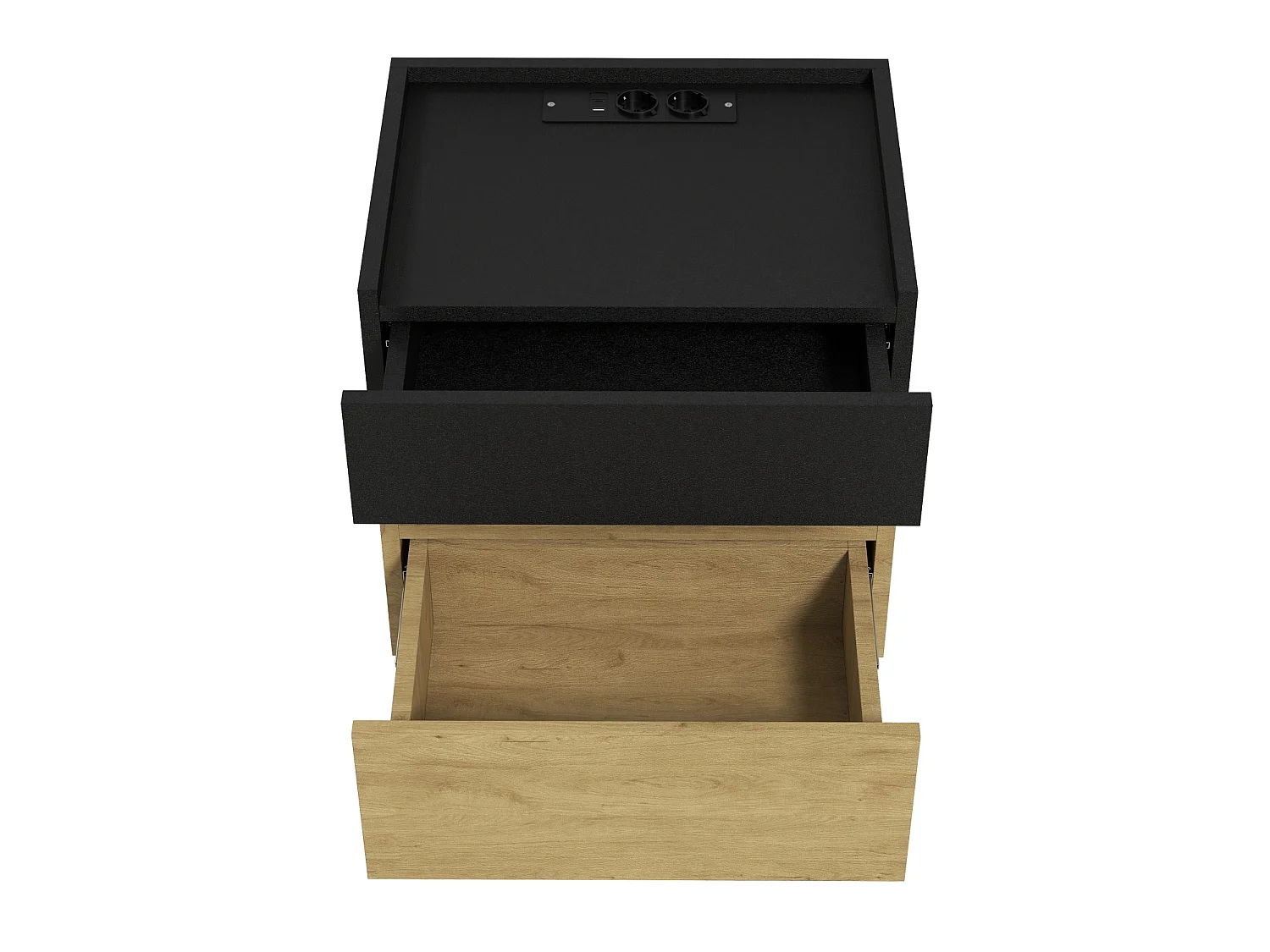 Comodino con illuminazione a LED, porta USB e 2 cassetti - Nero e legno