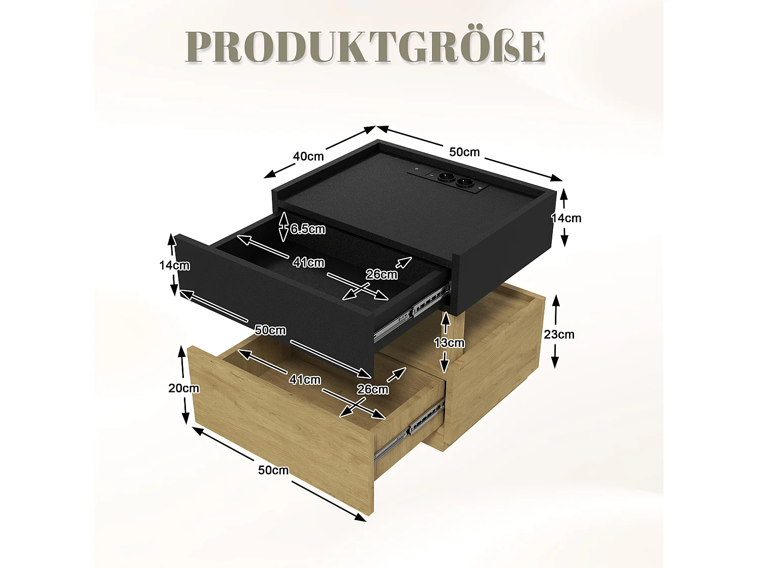 Comodino con illuminazione a LED, porta USB e 2 cassetti - Nero e legno