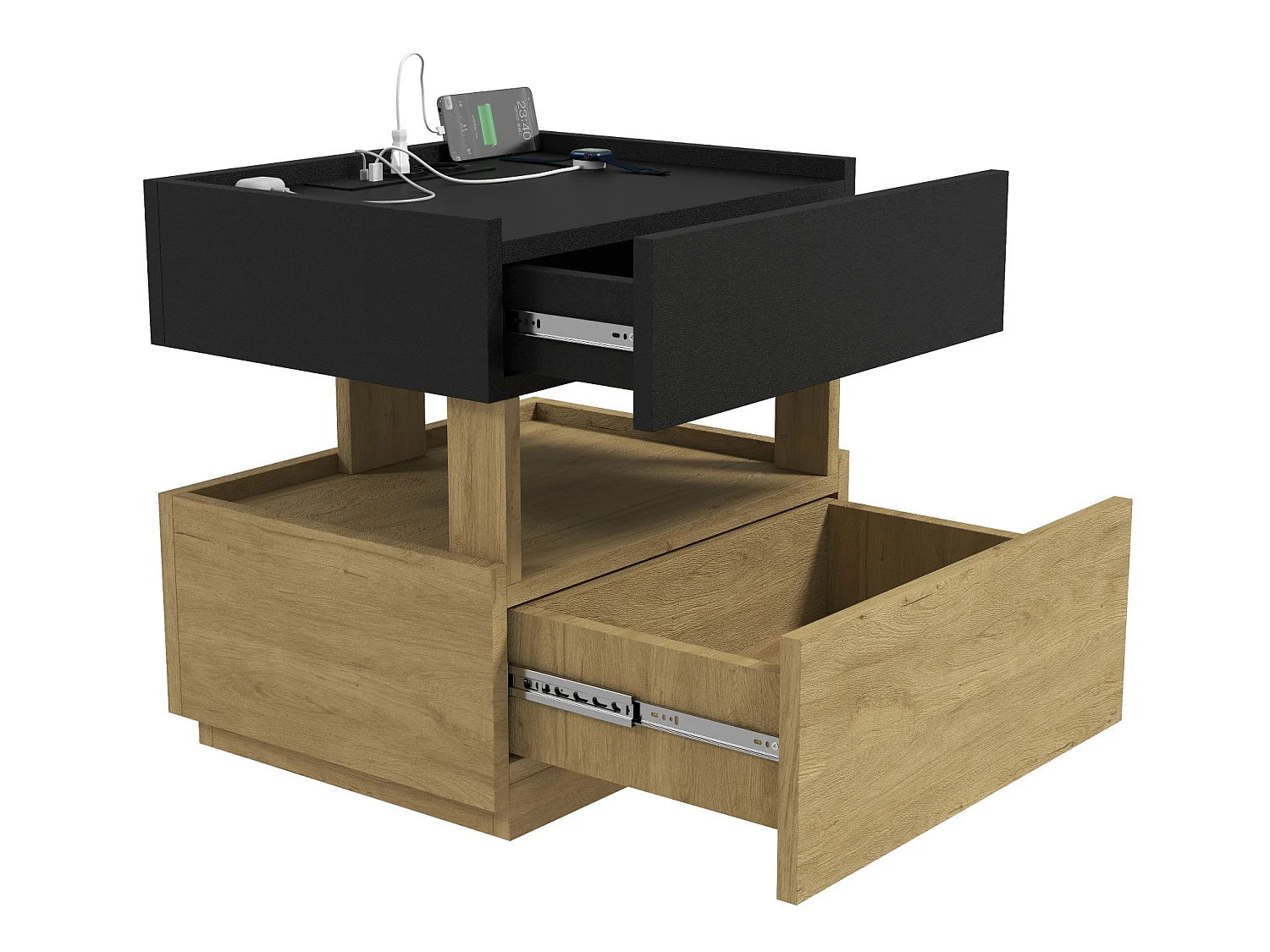 Comodino con illuminazione a LED, porta USB e 2 cassetti - Nero e legno