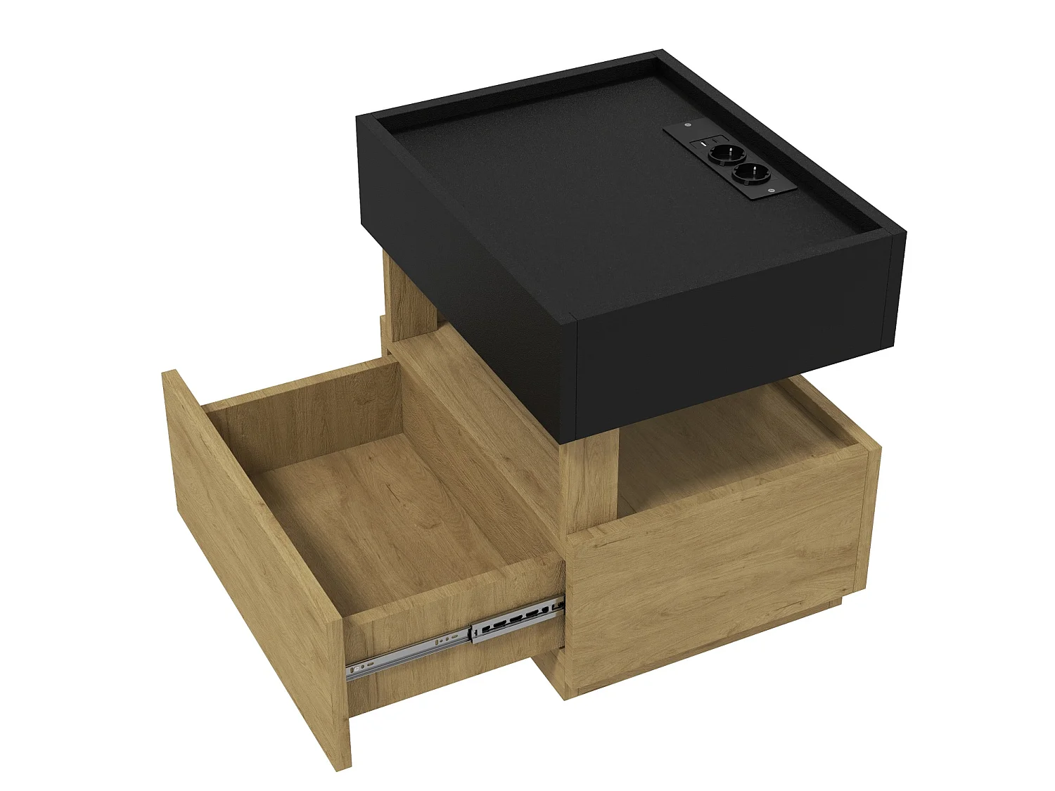 Comodino con illuminazione a LED, porta USB e 2 cassetti - Nero e legno