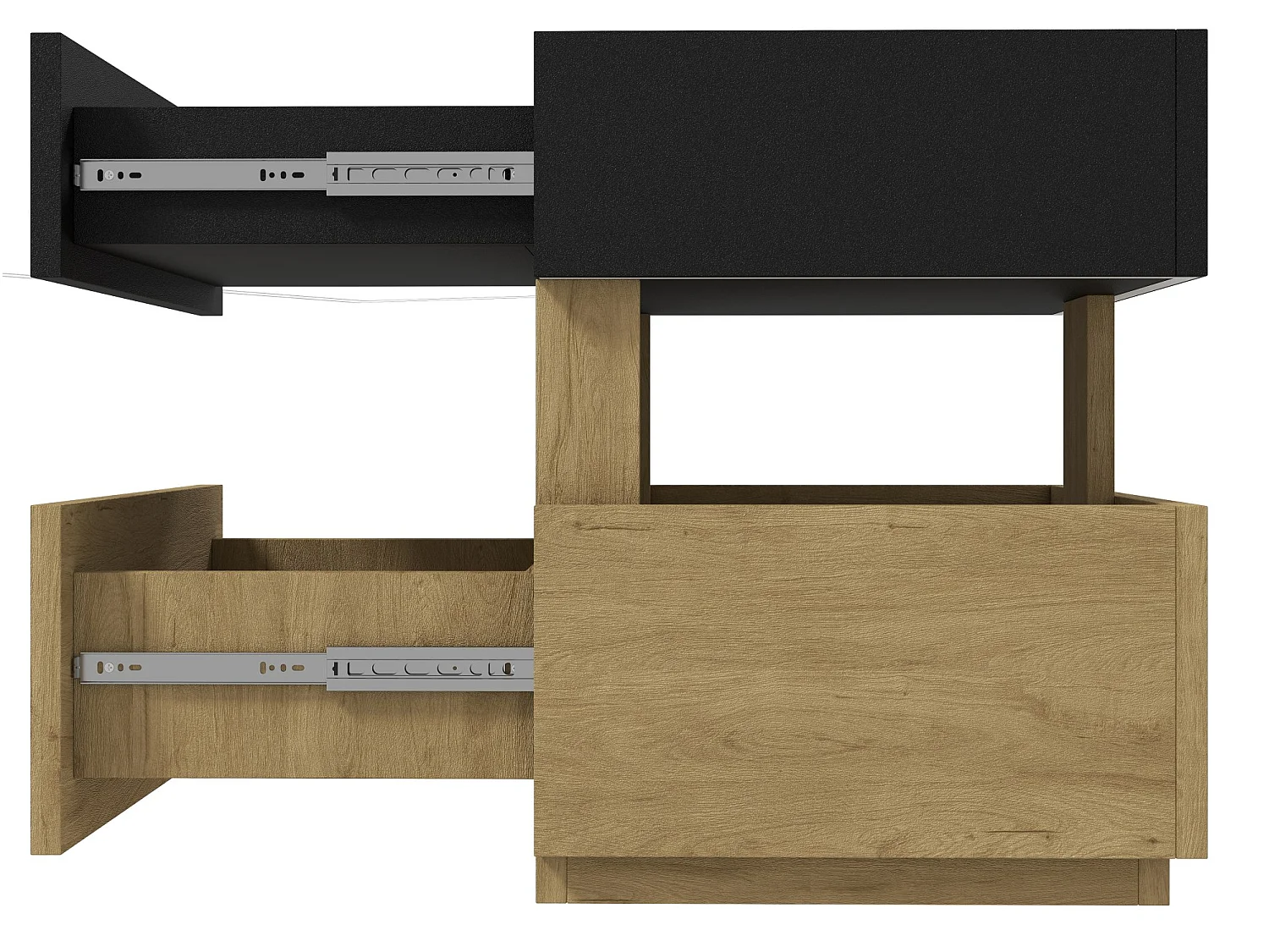 Comodino con illuminazione a LED, porta USB e 2 cassetti - Nero e legno